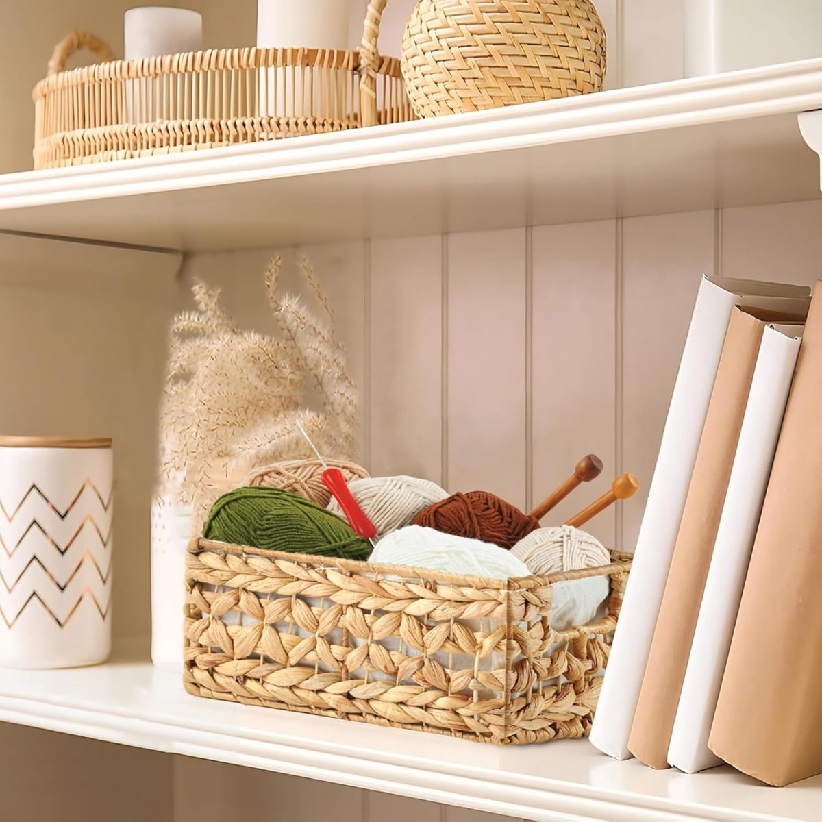 Greenatural Water Hyacinth Storage Baskets Set of 2, Handwoven Rectangular Organizer Trays with Wooden Bead Handles, Nested Wicker Bins for Shelf, Bathroom, Kitchen, Office, Natural Decor - Homesidy.com