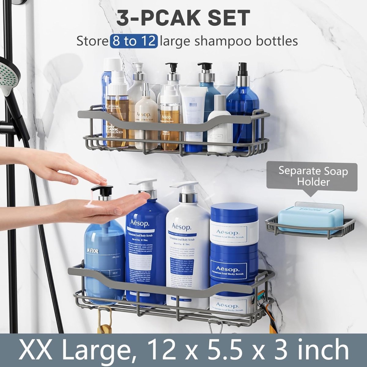 OMAIRA 3 - Pack Shower Caddy with Soap Holder, Adhesive Rustproof No - drill Strudy Loading Inside Shower Organizer Shelves Rack Storage Bathroom Organization for Smooth Wall Glass Tile, Black (Large) - Homesidy.com