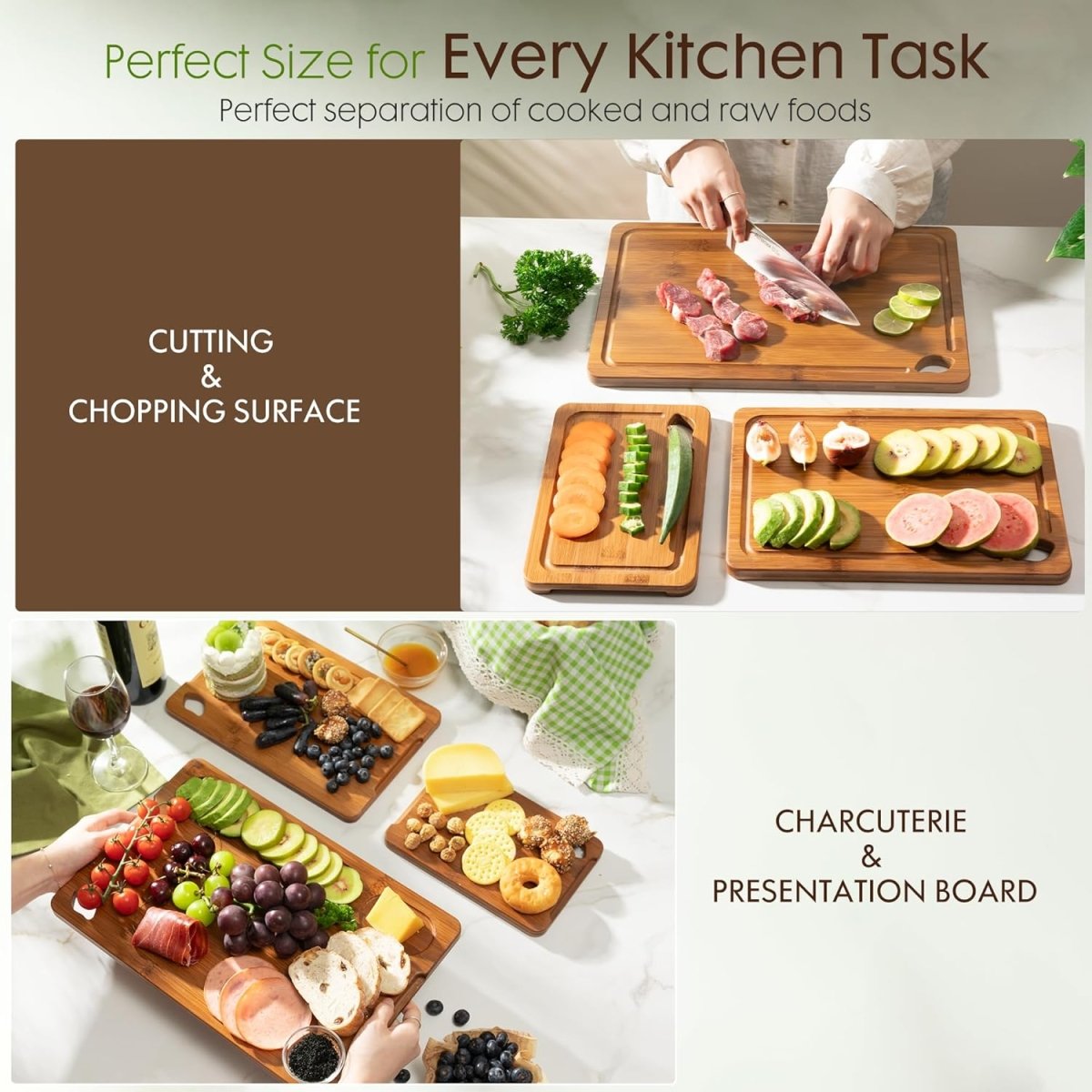 Astercook Deep - Carbonized Bamboo Cutting Boards for Kitchen with Wood Storage Stand, Reversible Charcuterie &amp; Chopping Boards with Juice Grooves and Easy - Grip Handles, Knife - Friendly, Kitchen Gift - Homesidy.com