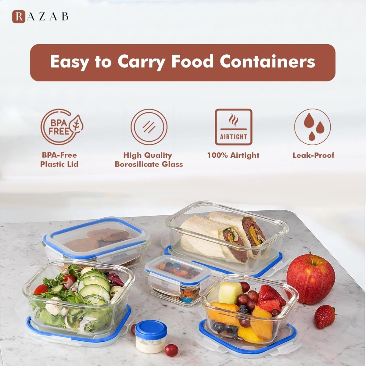 Razab 35 Pc Set Glass Food Storage Containers with Lids - Meal Prep Airtight Bento Boxes BPA - Free 100% Leak Proof (15 lids,15 glass &amp; 5 Plastic Sauce/Dip Containers) - Homesidy.com