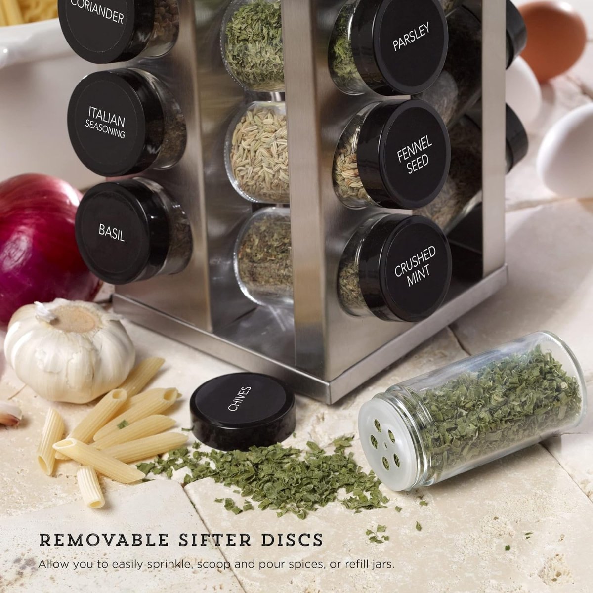 Kamenstein 20 Jar Revolving Countertop Spice Rack with Spices Included, FREE Spice Refills for 5 Years, Polished Stainless Steel with Black Caps, 30020 - Homesidy.com