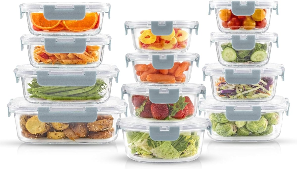 JoyJolt 24pc Borosilicate Glass Storage Containers with Lids | 12 Airtight/Freezer Safe Food Storage Containers for Pantry and Kitchen | Meal Prep Container for Lunch | Glass Tupperware Set - Homesidy.com