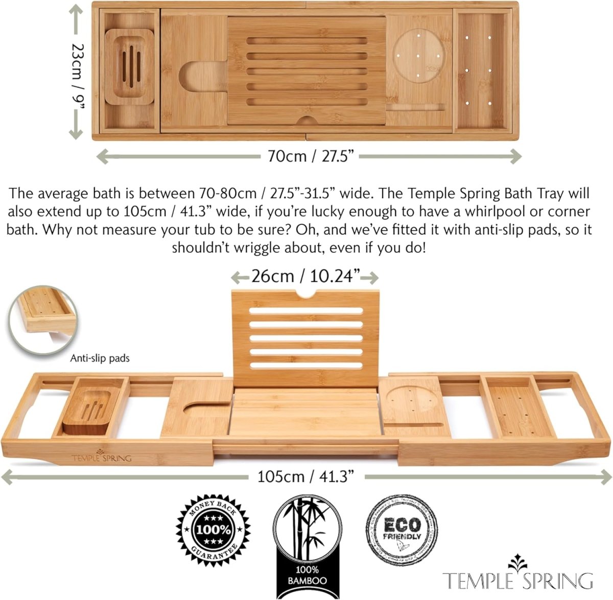 Temple Spring Wooden Bathtub Tray, Bamboo Bathroom Accessories, Bath Tray for Tub, at Home Spa Essentials, Board for Tub Table, Bath Caddy for Bathtub Accessories &amp; Bathroom Essentials – Natural - Homesidy.com