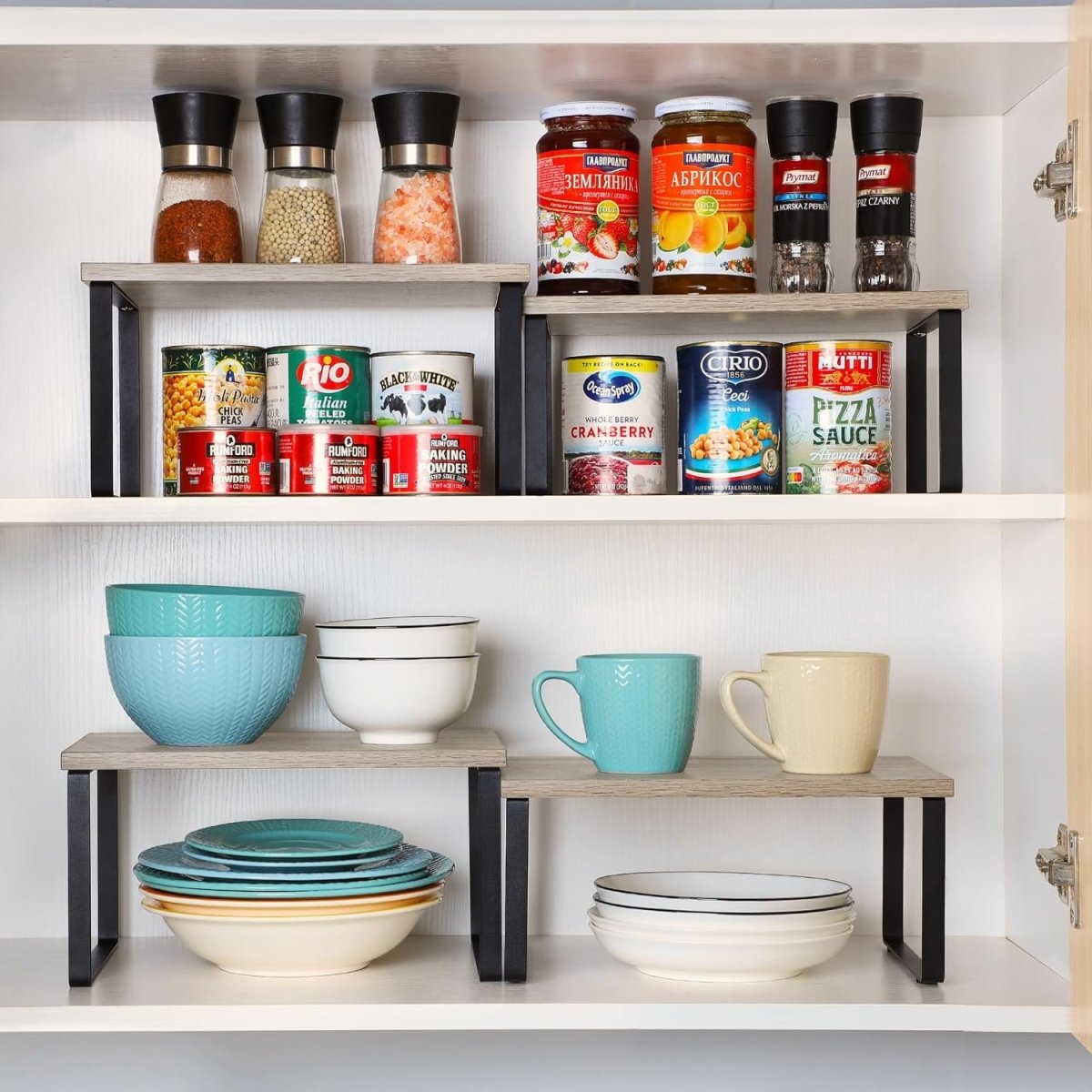NEX Bamboo Kitchen Cabinet and Counter Shelf Organizer, Stackable &amp; Expandable, Set of 4, White and Natural - Homesidy.com