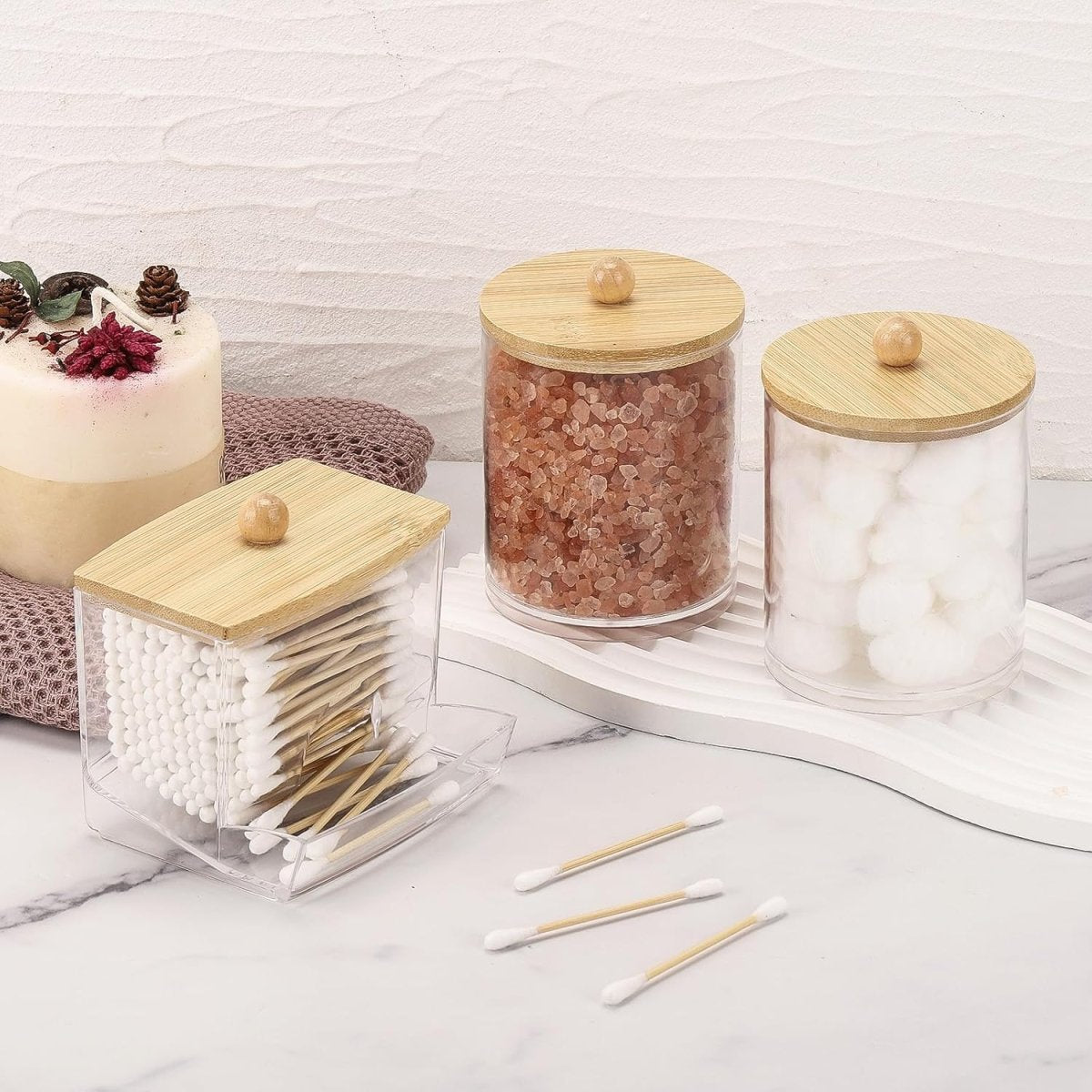 Tbestmax Qtips Holder Bathroom Container, 10 OZ Cotton Ball/Swabs Dispenser, Apothecary Jar Organizer for Storage Brown Wood Lids - Homesidy.com