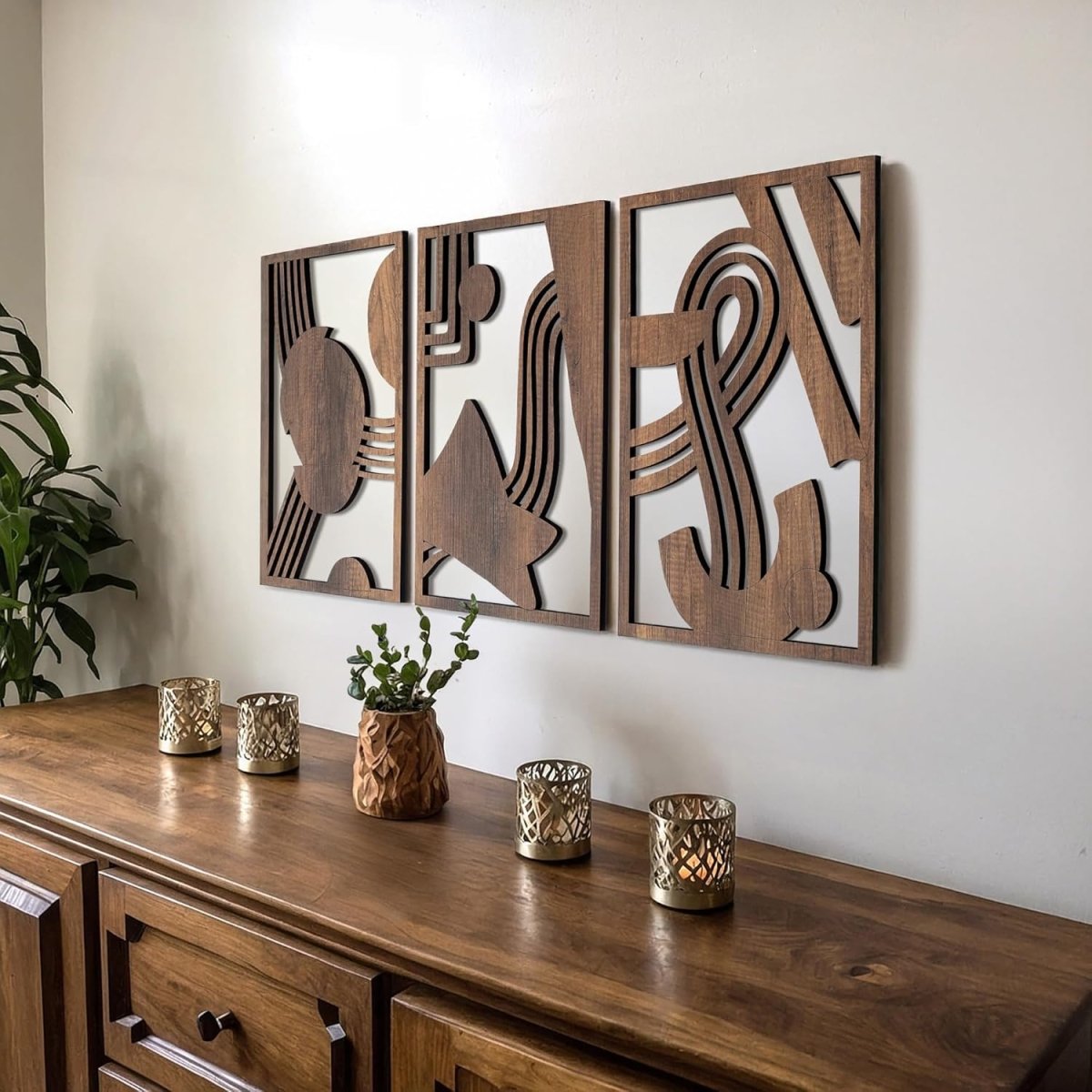 qmmp Modern Wooden Wall Sculptures - Set of 3 - MDF - Oak - Home Decor Accent - Large Wall Art for Living Room, Bedroom, Office - Easy Installation (Oak, Medium - Mountain and Sun, Unframed) - Homesidy.com