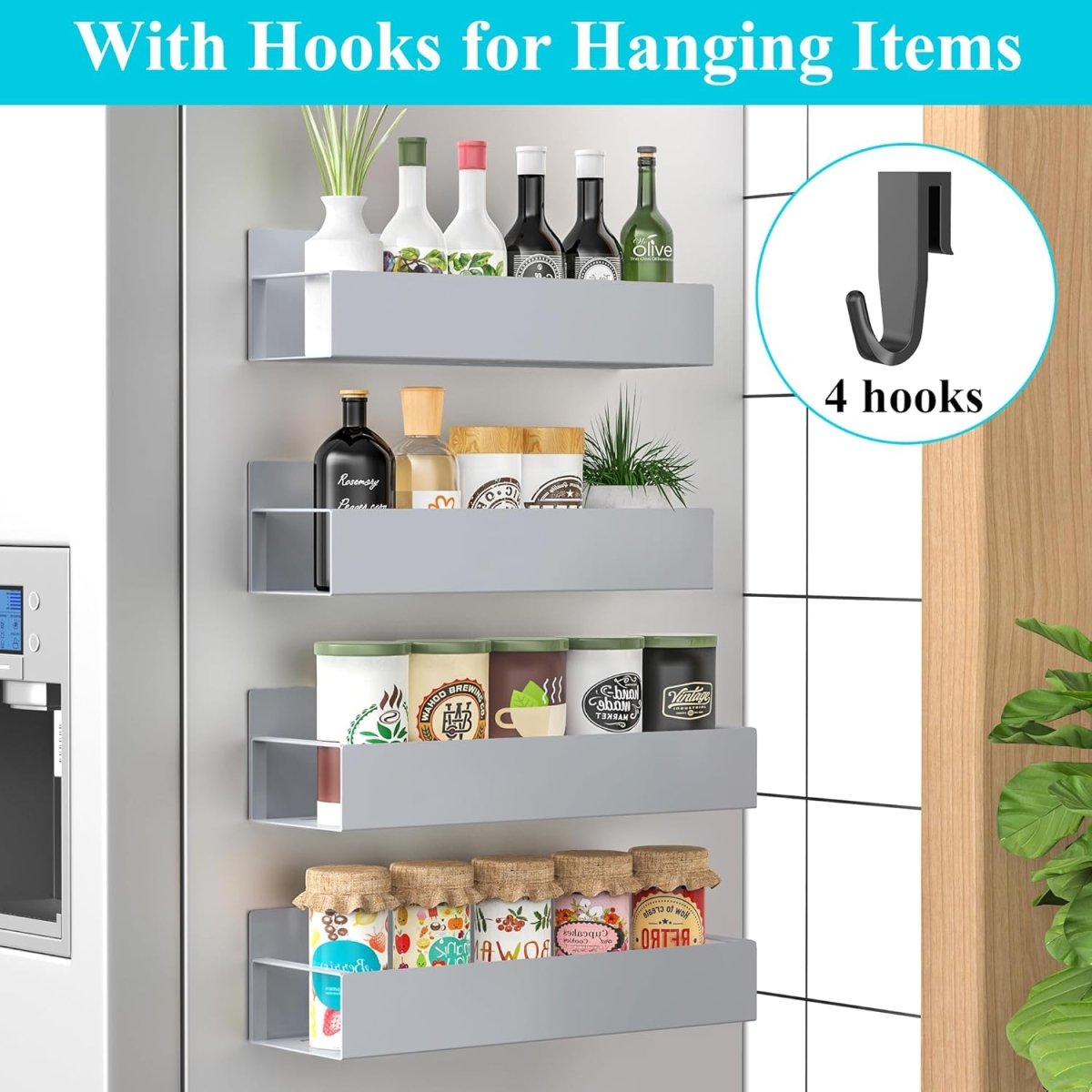 HuggieGems Metal 4 Pack Magnetic Spice Storage Rack Organizer for Refrigerator and Oven, Black Fridge Organizers and Storage - Homesidy.com