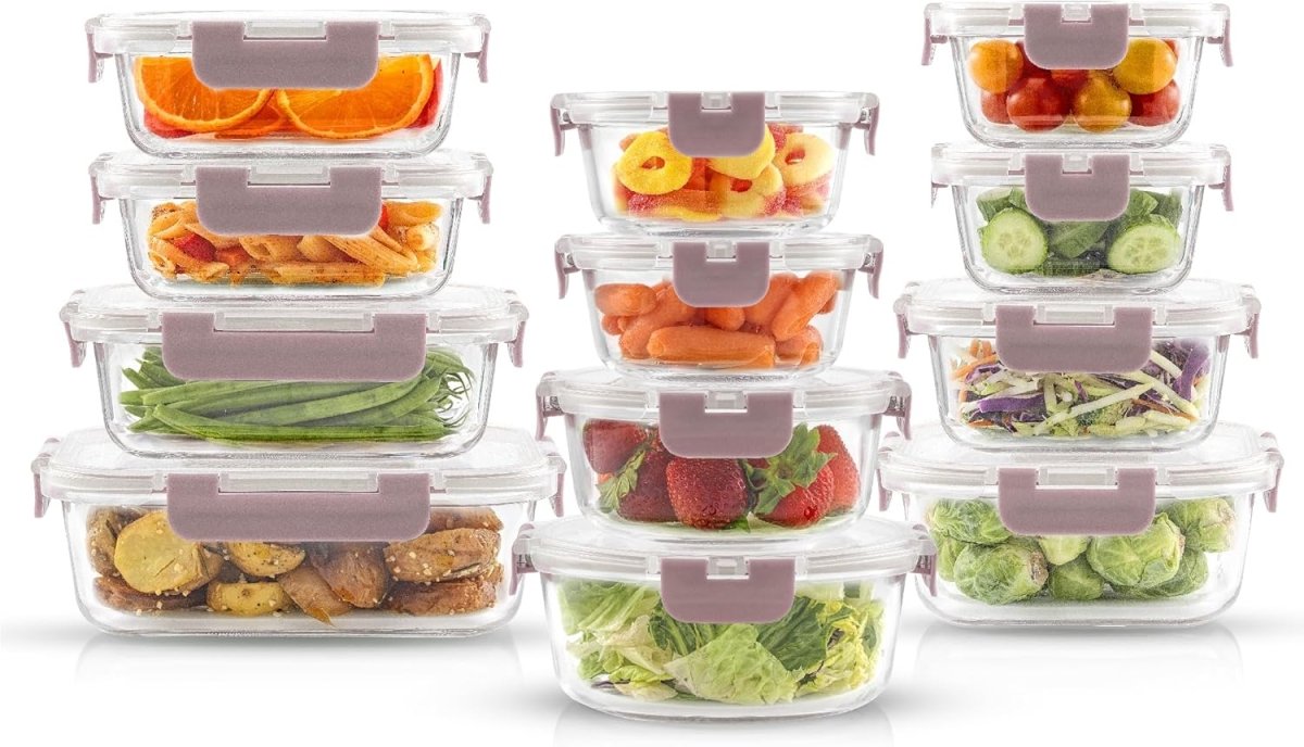 JoyJolt 24pc Borosilicate Glass Storage Containers with Lids | 12 Airtight/Freezer Safe Food Storage Containers for Pantry and Kitchen | Meal Prep Container for Lunch | Glass Tupperware Set - Homesidy.com