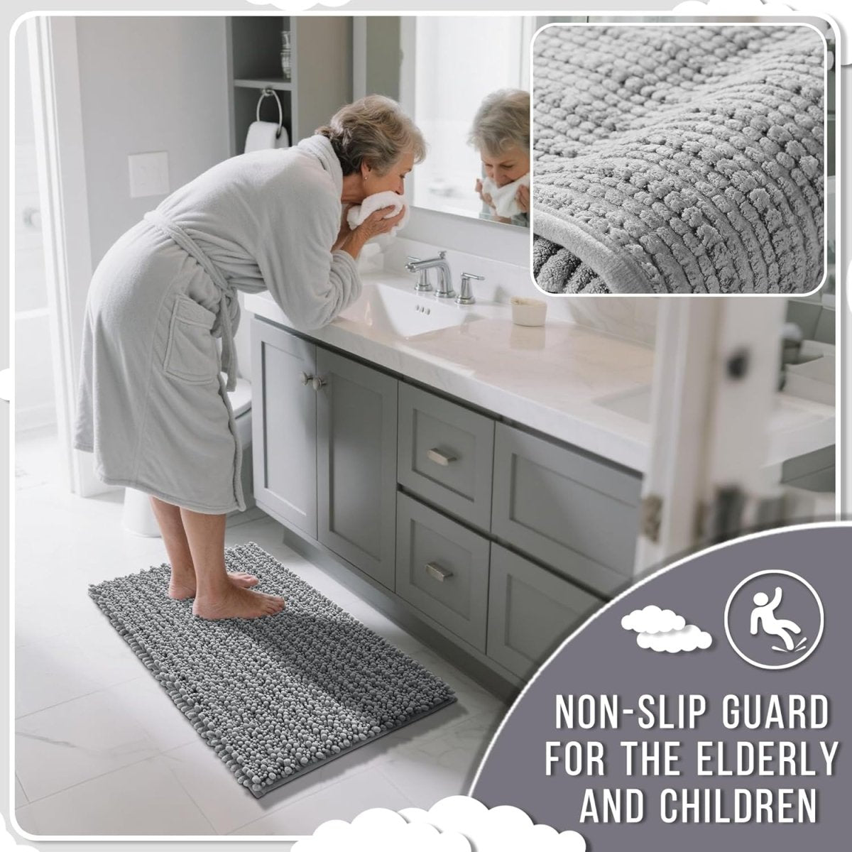 Yimobra Bathroom Rugs Non Slip Washable - Ultra Soft Absorbent Chenille Bath Mat, Quick Dry Shaggy Floor Carpet for Tub Shower, Gray Home Decor Accessories, 24x17 Inch - Homesidy.com