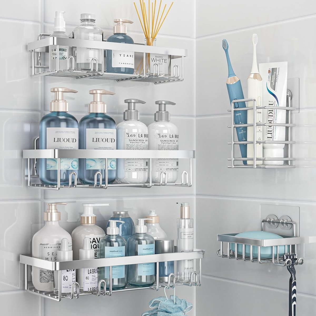 Liuoud 5 Pack Shower Caddy Organizer Rack Shelf for Inside Shower, Adhesive Bathroom Wall Storage Basket Rustproof Stainless Steel Shampoo Holder, Girly Bathroom Accessory Decor Set, Pink - Homesidy.com
