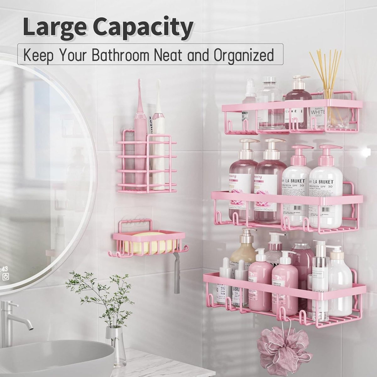 Liuoud 5 Pack Shower Caddy Organizer Rack Shelf for Inside Shower, Adhesive Bathroom Wall Storage Basket Rustproof Stainless Steel Shampoo Holder, Girly Bathroom Accessory Decor Set, Pink - Homesidy.com
