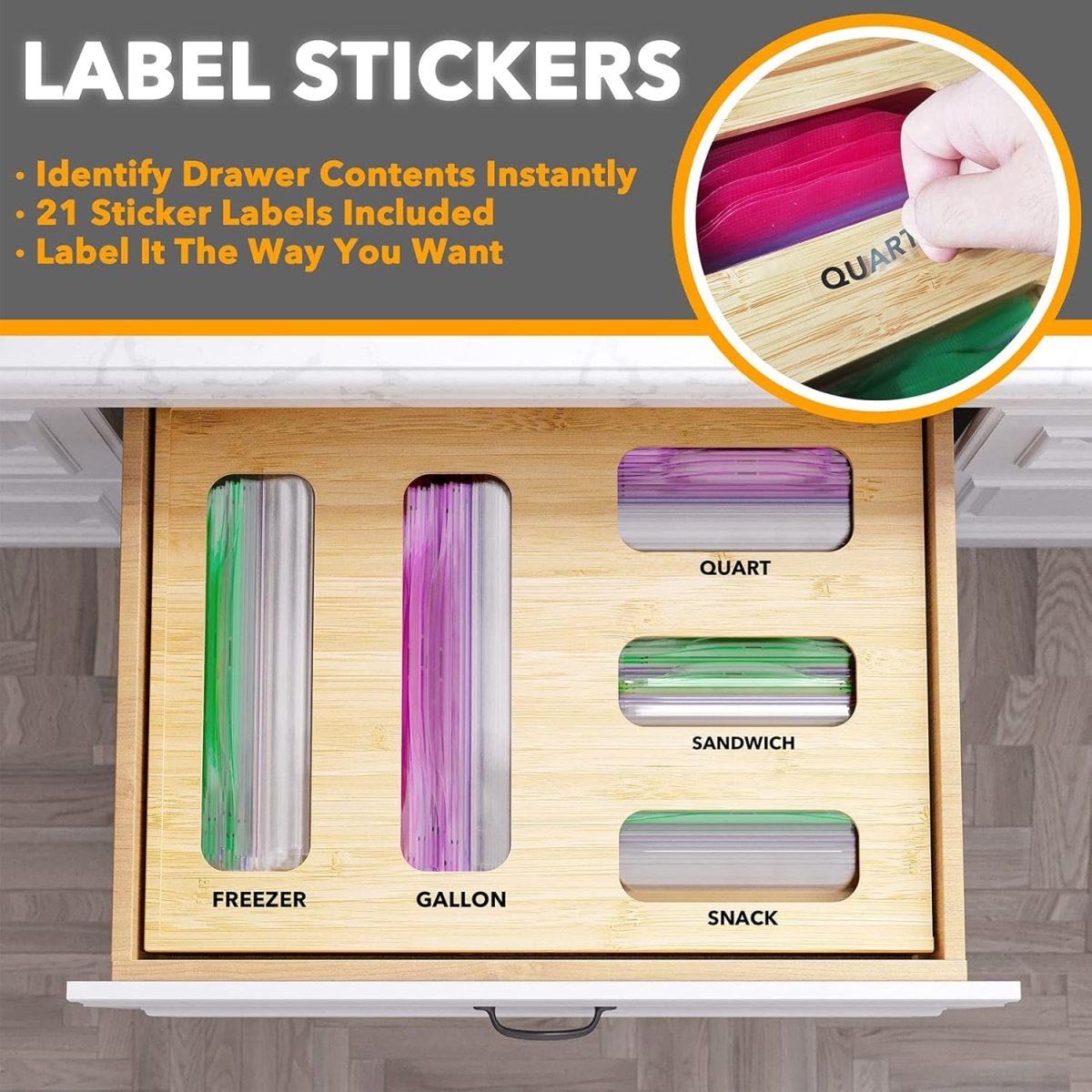 SpaceAid Bag Storage Organizer for Kitchen Drawer, Bamboo Organizer, Compatible with Gallon, Quart, Sandwich and Snack Variety Size Bag (1 Box 4 Slots) - Homesidy.com