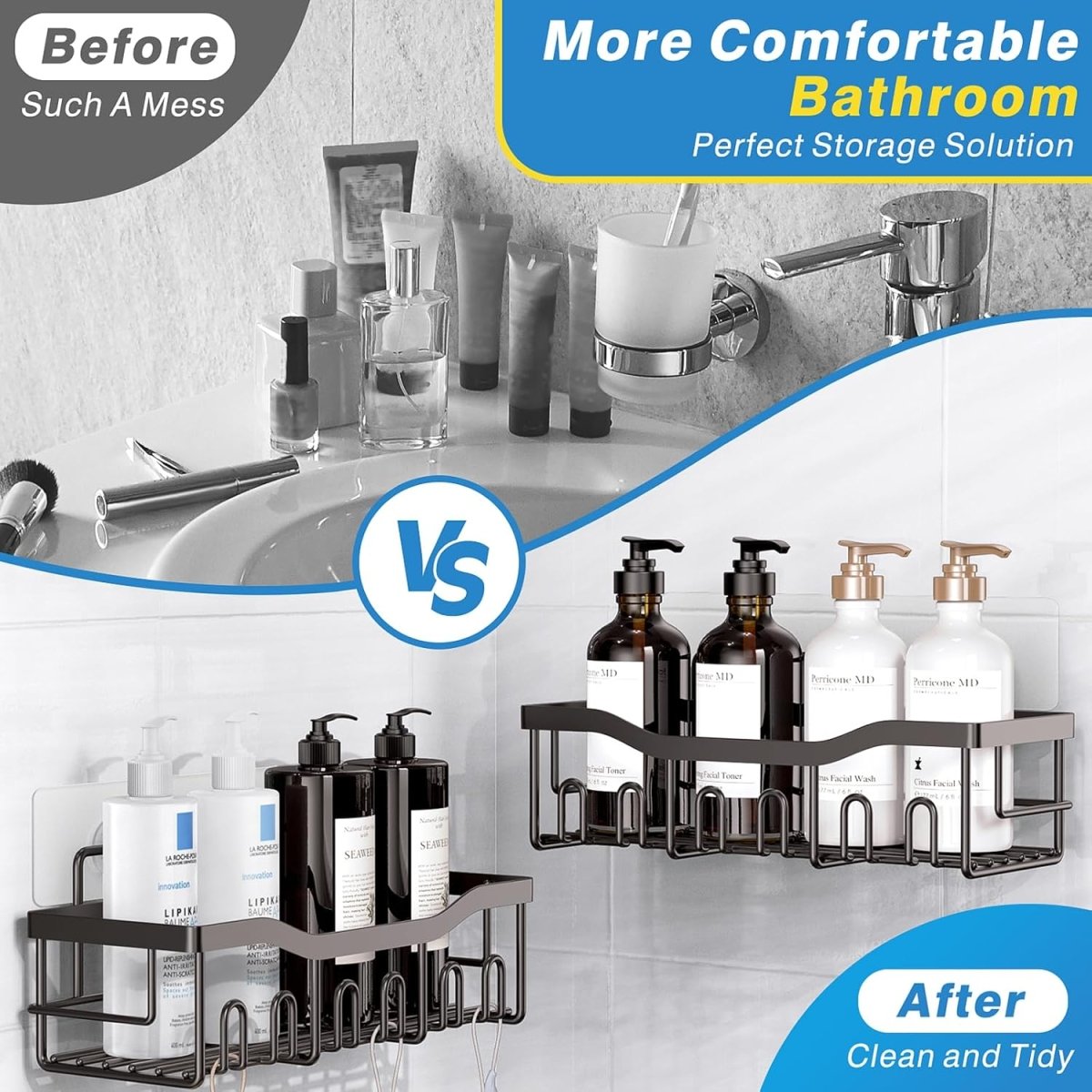 EUDELE 5 - Pack Rustproof Stainless Steel Shower Caddy Set– No Drill Adhesive Bathroom Organizer, Space - Saving Shower Shelves for Apartment Essentials, Bathroom/Kitchen Storage Home Decor - L Size - Homesidy.com