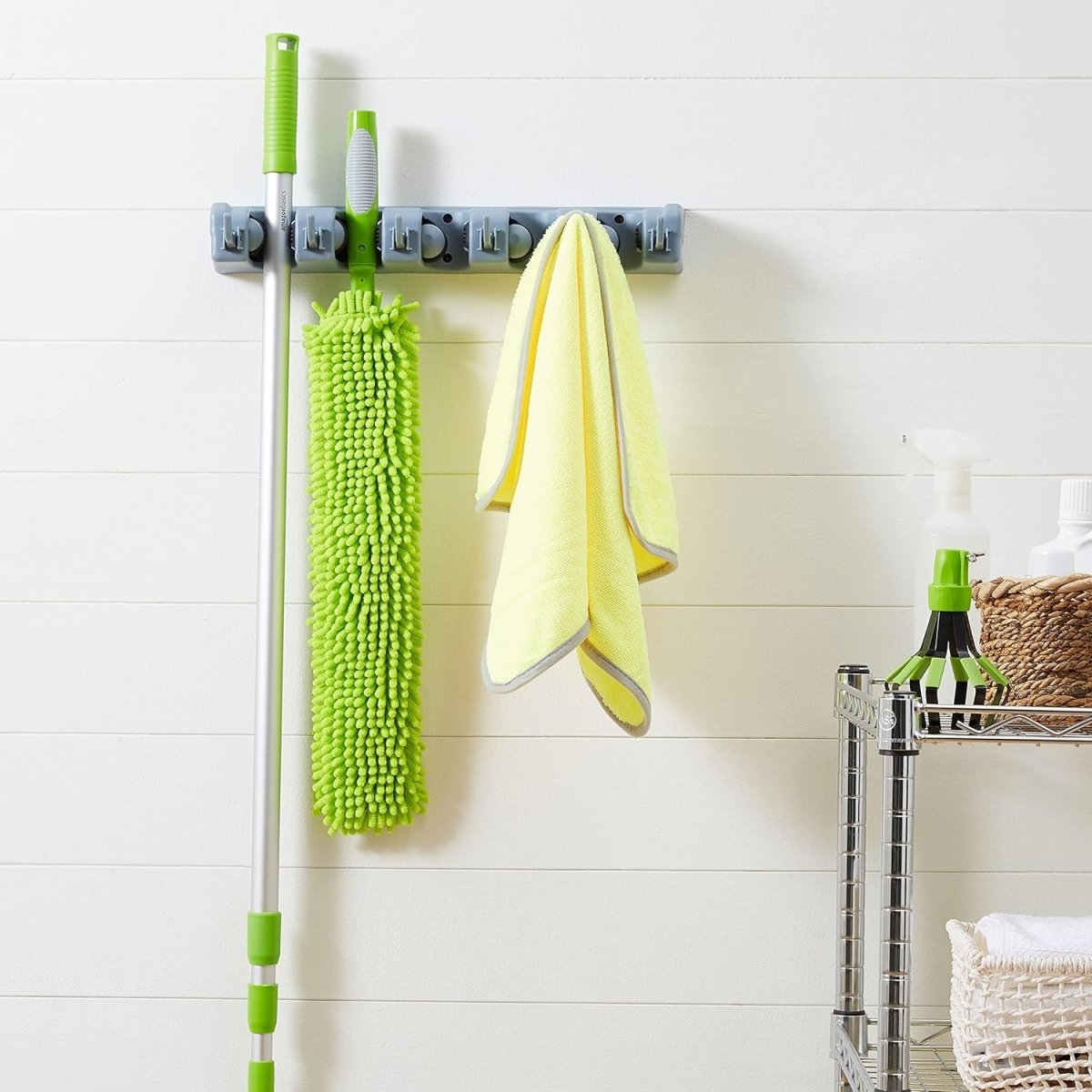 Amazon Basics Rectangular Heavy Duty, Wall Mount Storage Broom, Mop Holder or Tool Organizer with Hooks and Slots for Home, Garage, Garden, Laundry, or Kitchen, 2.36 x 16.9 x 3.35 in, Gray - Homesidy.com