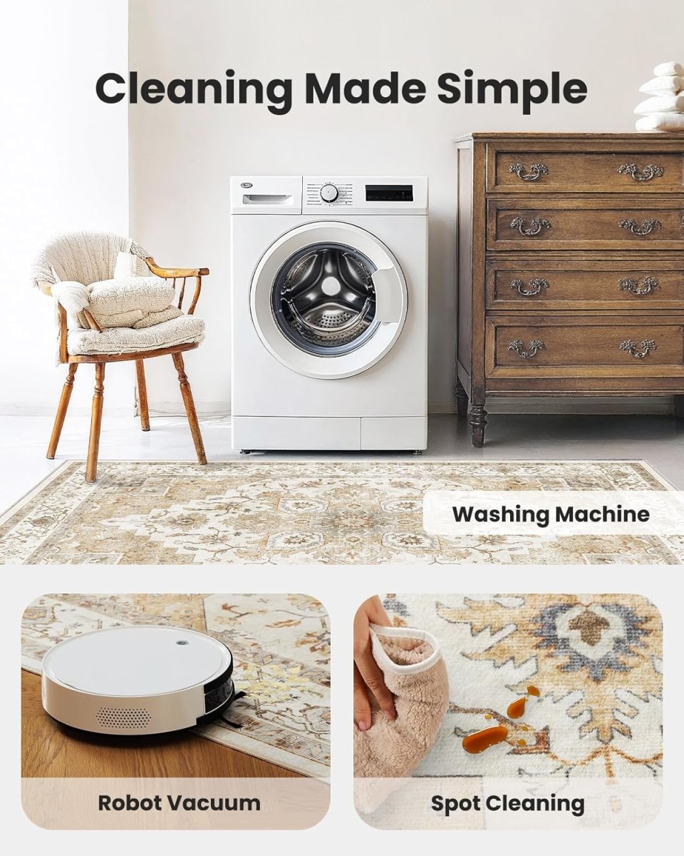 AMADA HOMEFURNISHING 8x10 Washable Area Rug, Low - Profile Large Area Rug with Non - Slip Backing &amp; Durable Edge Binding, Vintage Large Rugs for Living Room, Bedroom, Dinning Room - Homesidy.com