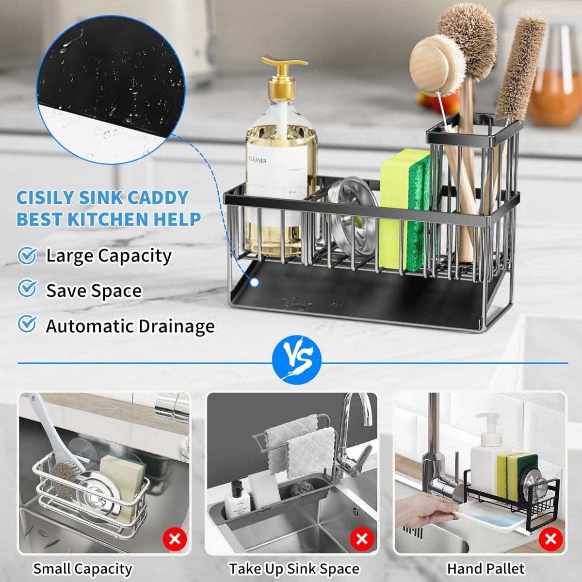 Cisily Kitchen Sink Caddy Organzier with High Brush Holder, Sponge Holder for Sink, 304 Rustproof Stainless, Kitchen Countertop Soap Dispenser Organizer, Kitchen Decor and Accessories - Homesidy.com