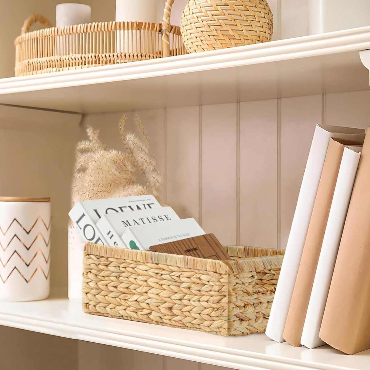 Greenatural Water Hyacinth Storage Baskets Set of 2, Handwoven Rectangular Organizer Trays with Wooden Bead Handles, Nested Wicker Bins for Shelf, Bathroom, Kitchen, Office, Natural Decor - Homesidy.com
