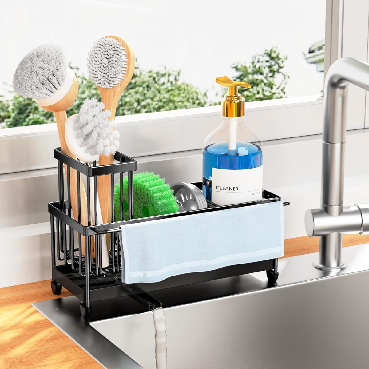 Cisily Black Sponge Holder for Kitchen Sink, Sink Caddy Organizer with High Brush Holder, Kitchen Countertop Organizers and Storage Essentials, Rustproof 304 Stainless Steel, Soap Dispenser Organize - Homesidy.com