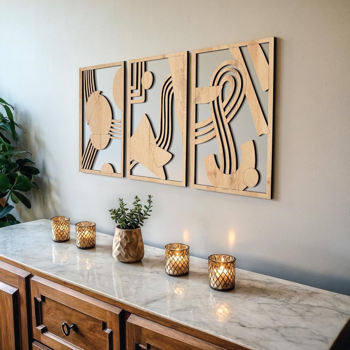 qmmp Modern Wooden Wall Sculptures - Set of 3 - MDF - Oak - Home Decor Accent - Large Wall Art for Living Room, Bedroom, Office - Easy Installation (Oak, Medium - Mountain and Sun, Unframed) - Homesidy.com