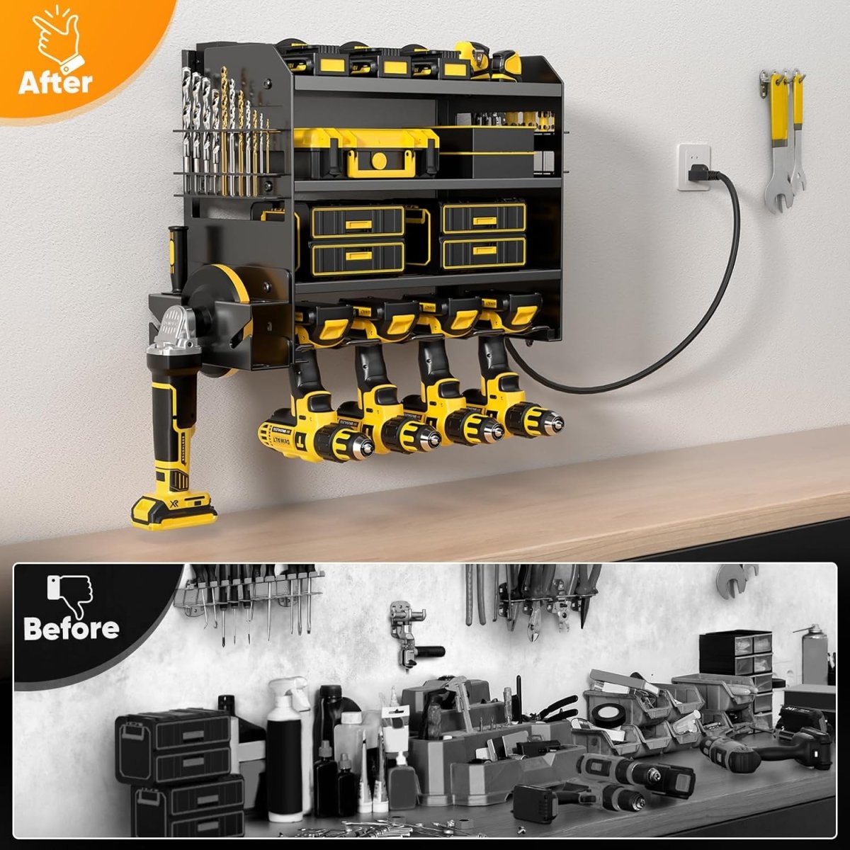 POKIPO Large Power Tool Organizer Wall Mount with Charging Station,4 Layer Heavy Duty Metal Tool Storage Rack Loads 600lbs with 8 Cordless Drill Holder,Battery Utility Rack Loads with 4 Power Strip - Homesidy.com