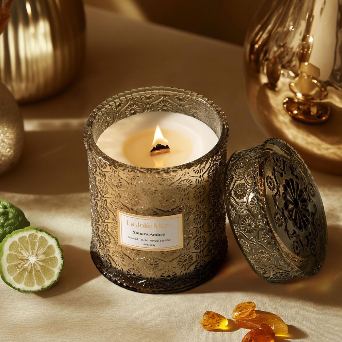 LA JOLIE MUSE Sahara Amber Candle – Bergamot, Clove &amp; Amber | 12 oz Large 2 - Wick Soy Wax Candle | 60 Hours Clean Burn | Gift - Ready for Hosts &amp; Gatherings | Elegant Home Décor - Homesidy.com
