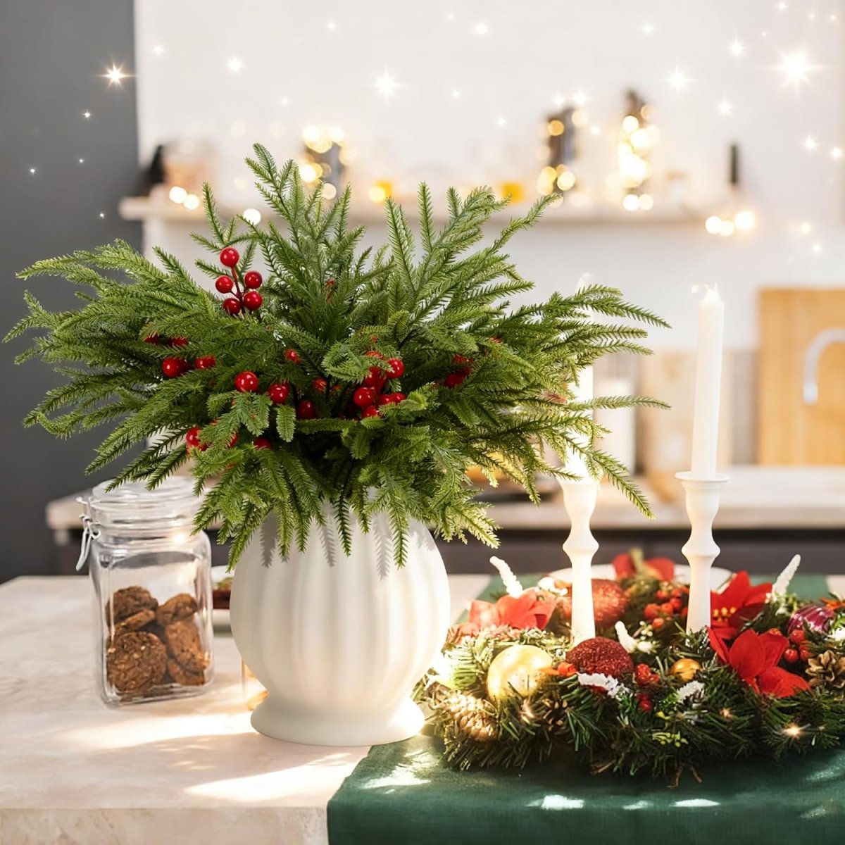 Watayo 60 Pcs Christmas Artificial Pine Branches with Red Berry Stems, 10.5&34; Faux Evergreen Norfolk Pine Cypress Leaves Stems, Fake Foliage Pine Needles Picks for DIY Craft Garland Home Decor - Homesidy.com