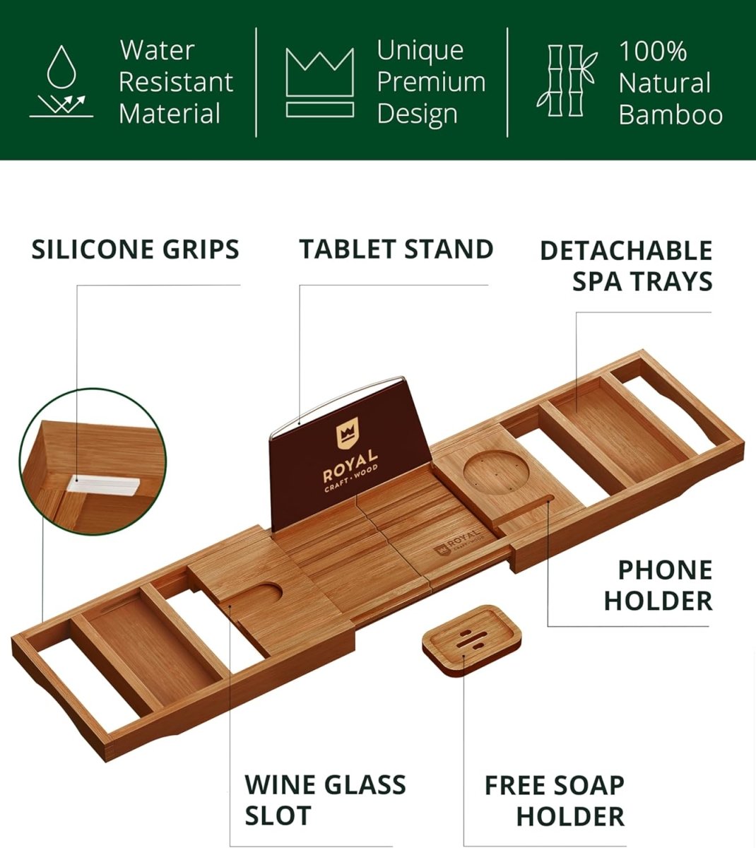 ROYAL CRAFT WOOD Bathtub Tray Caddy for Tub, Bamboo Bath Shelf, Premium Foldable Wood Bath Table, Expandable Bathtub &amp; Bathroom Accessories, New Home Gifts for Mom, Housewarming, Anniversary, Wedding - Homesidy.com