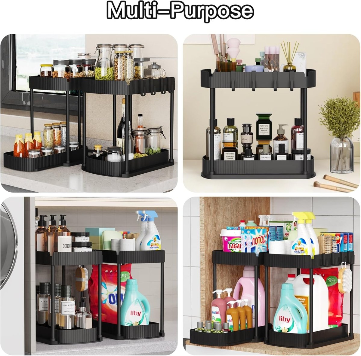 Ukeetap Multi - Purpose Pull - Out Storage Organizers, Under Sink/Cabinet Organizers and Storage for Bathroom &amp; Kitchen, Black, 12.8 Inches, 2 Packs - Homesidy.com