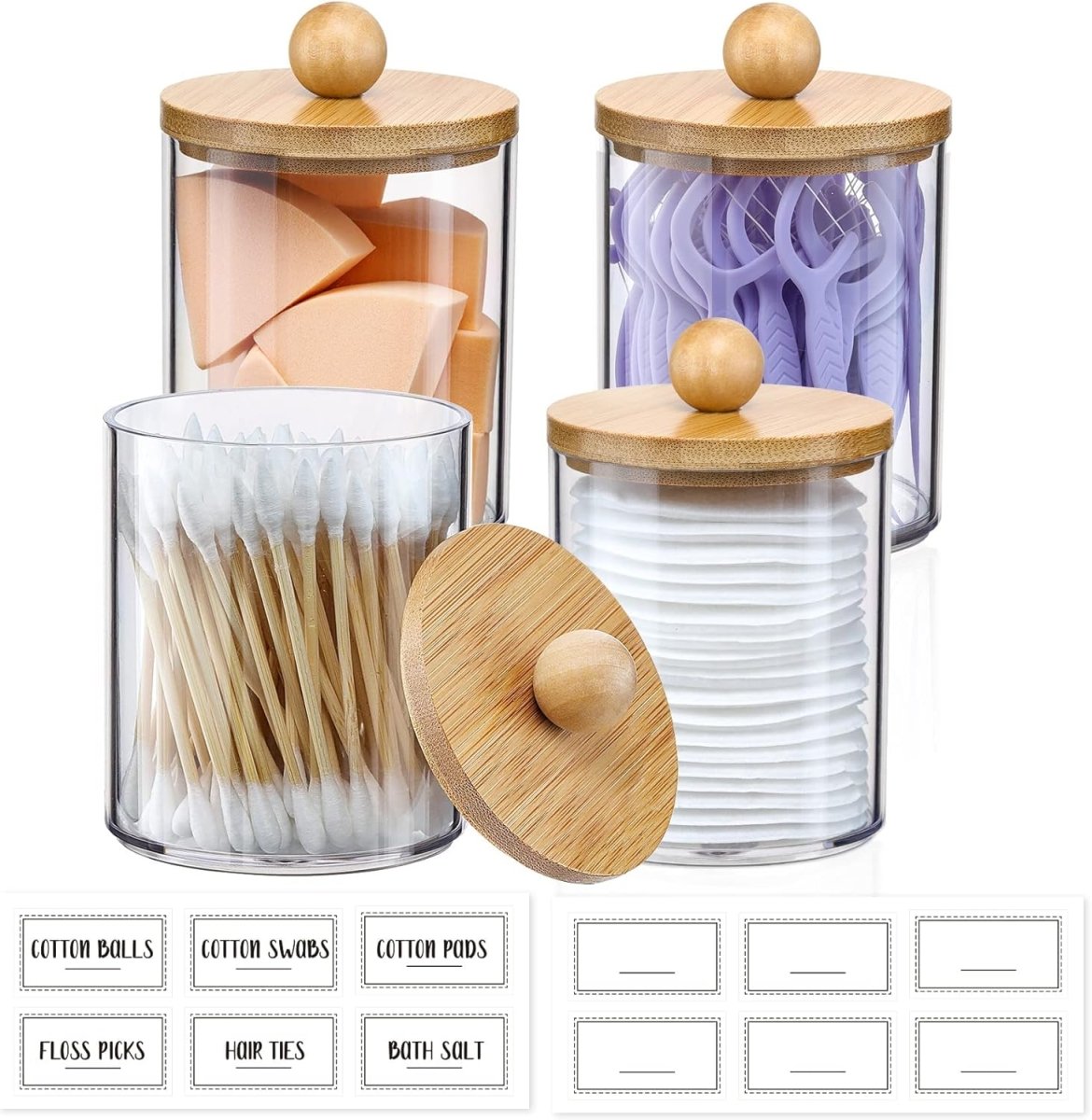 4 Pack Qtip Holder Dispenser with Bamboo Lids - 10 oz Clear Plastic Apothecary Jar Containers for Vanity Makeup Organizer Storage - Bathroom Accessories Set for Cotton Swab, Ball, Pads, Floss - Homesidy.com