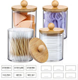 4 Pack Qtip Holder Dispenser with Bamboo Lids - 10 oz Clear Plastic Apothecary Jar Containers for Vanity Makeup Organizer Storage - Bathroom Accessories Set for Cotton Swab, Ball, Pads, Floss - Homesidy.com