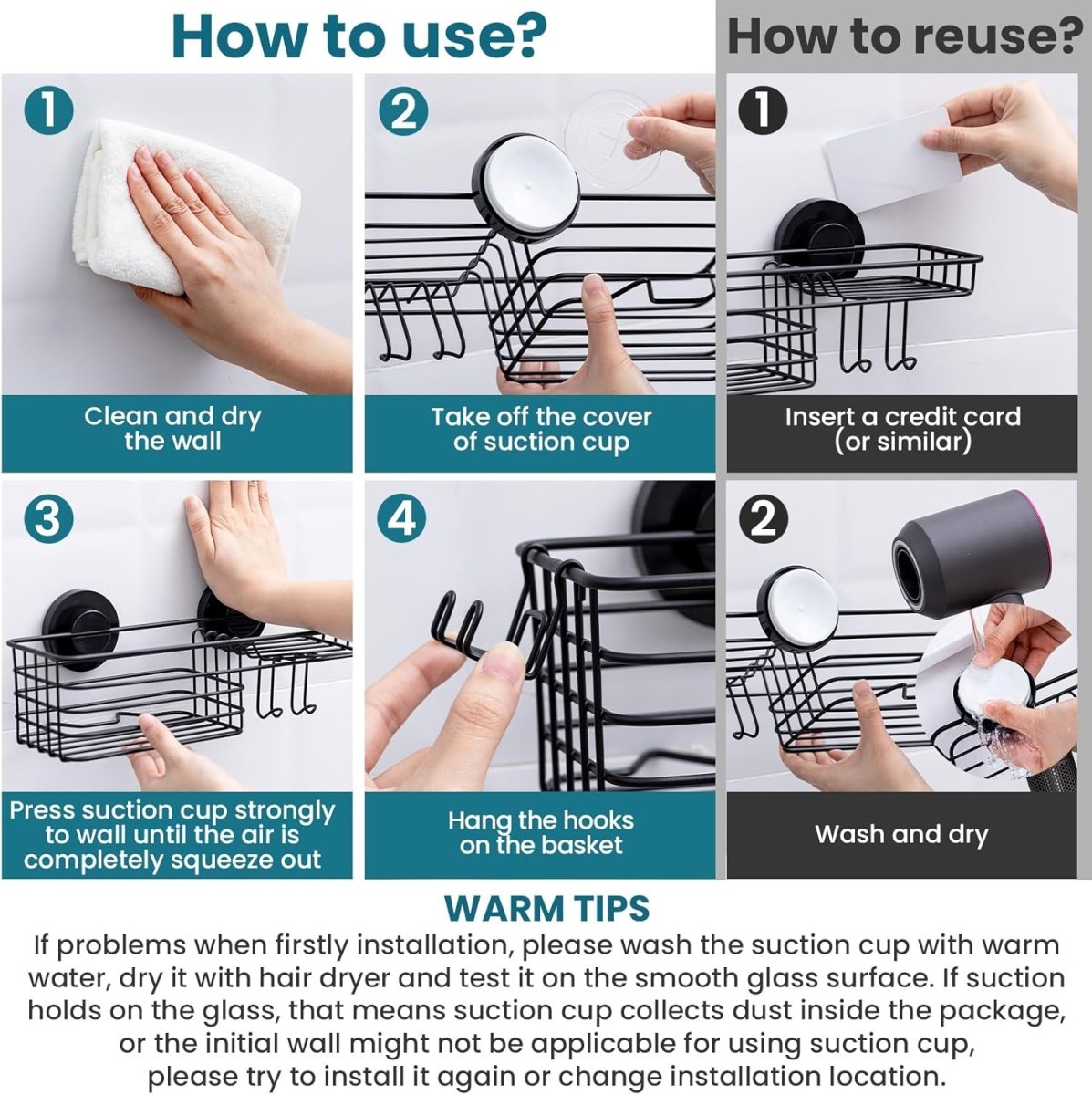 TAILI Shower Caddy Suction Cup 2 Pack with Hooks &amp; Soap holder, Heavy Duty Shower Organizer for Bathroom, No Drilling Bathroom Organizer with Large Capacity, Black Metal Storage Basket - Homesidy.com