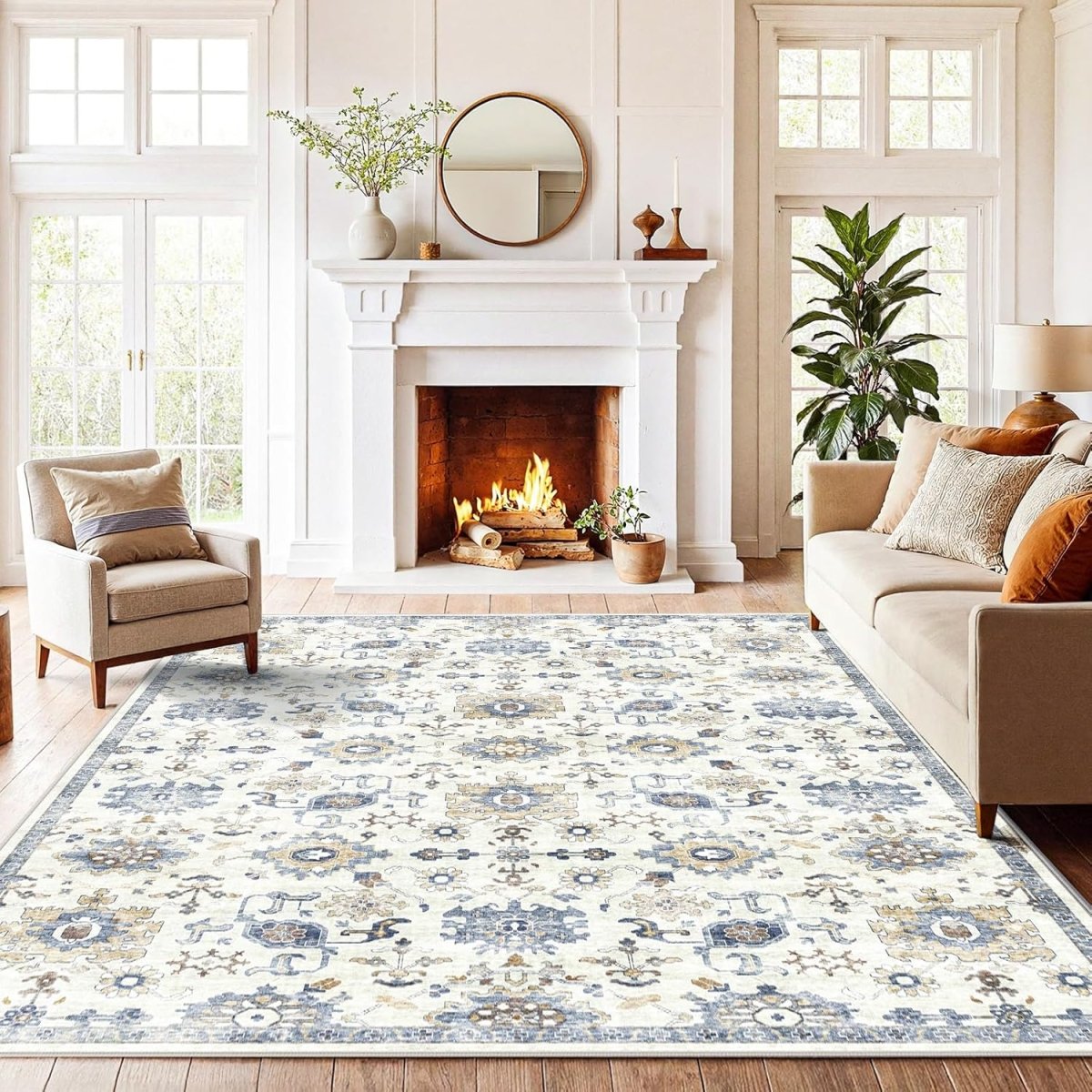 AMADA HOMEFURNISHING 8x10 Washable Area Rug, Low - Profile Large Area Rug with Non - Slip Backing &amp; Durable Edge Binding, Vintage Large Rugs for Living Room, Bedroom, Dinning Room - Homesidy.com