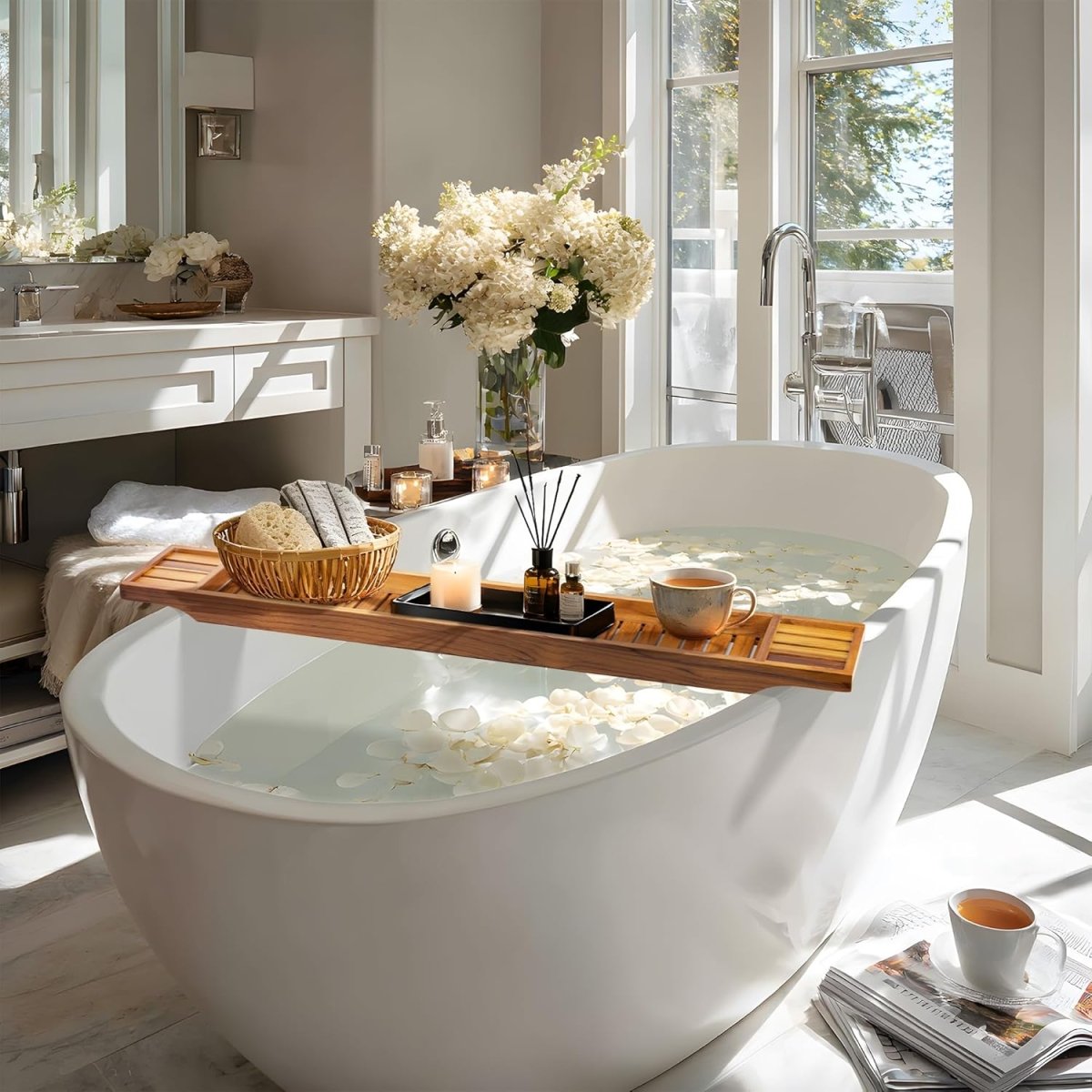 VaeFae Teak Bathtub Tray, Wooden Bath Caddy for Bathtub, Bath Tub Wood Table for Tub - Homesidy.com
