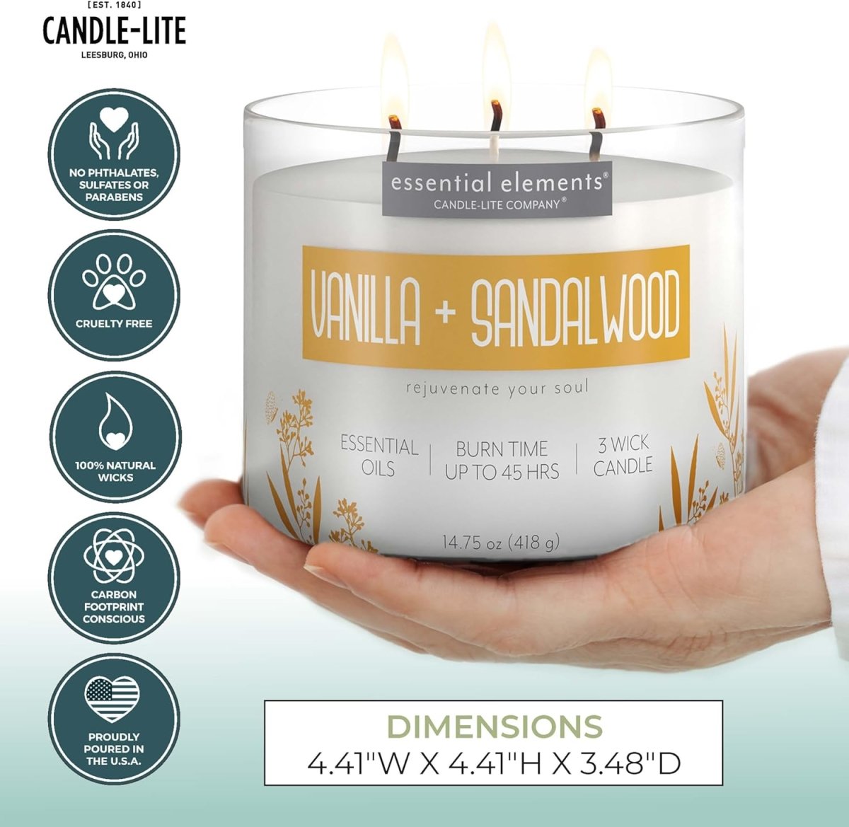 Candle - lite Essential Elements Scented Candles, Eucalyptus &amp; Mint Leaf, 14.75 oz Jar, Proudly Poured in The USA, Aromatherapy, 3 - Wick with 45 Hours Burn Time, Perfect for Creating a Relaxing Ambiance - Homesidy.com