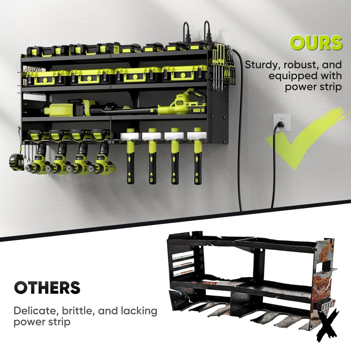 POKIPO Large Power Tool Organizer Wall Mount with Charging Station,4 Layer Heavy Duty Metal Tool Storage Rack Loads 600lbs with 8 Cordless Drill Holder,Battery Utility Rack Loads with 4 Power Strip - Homesidy.com