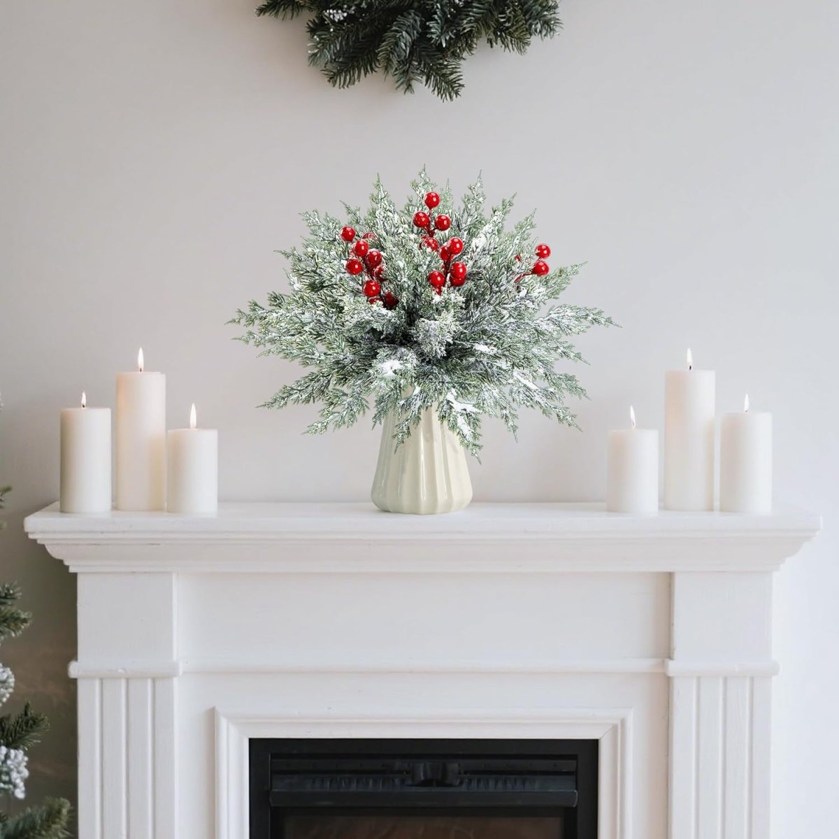 Watayo 60 Pcs Christmas Artificial Pine Branches with Red Berry Stems, 10.5&34; Faux Evergreen Norfolk Pine Cypress Leaves Stems, Fake Foliage Pine Needles Picks for DIY Craft Garland Home Decor - Homesidy.com