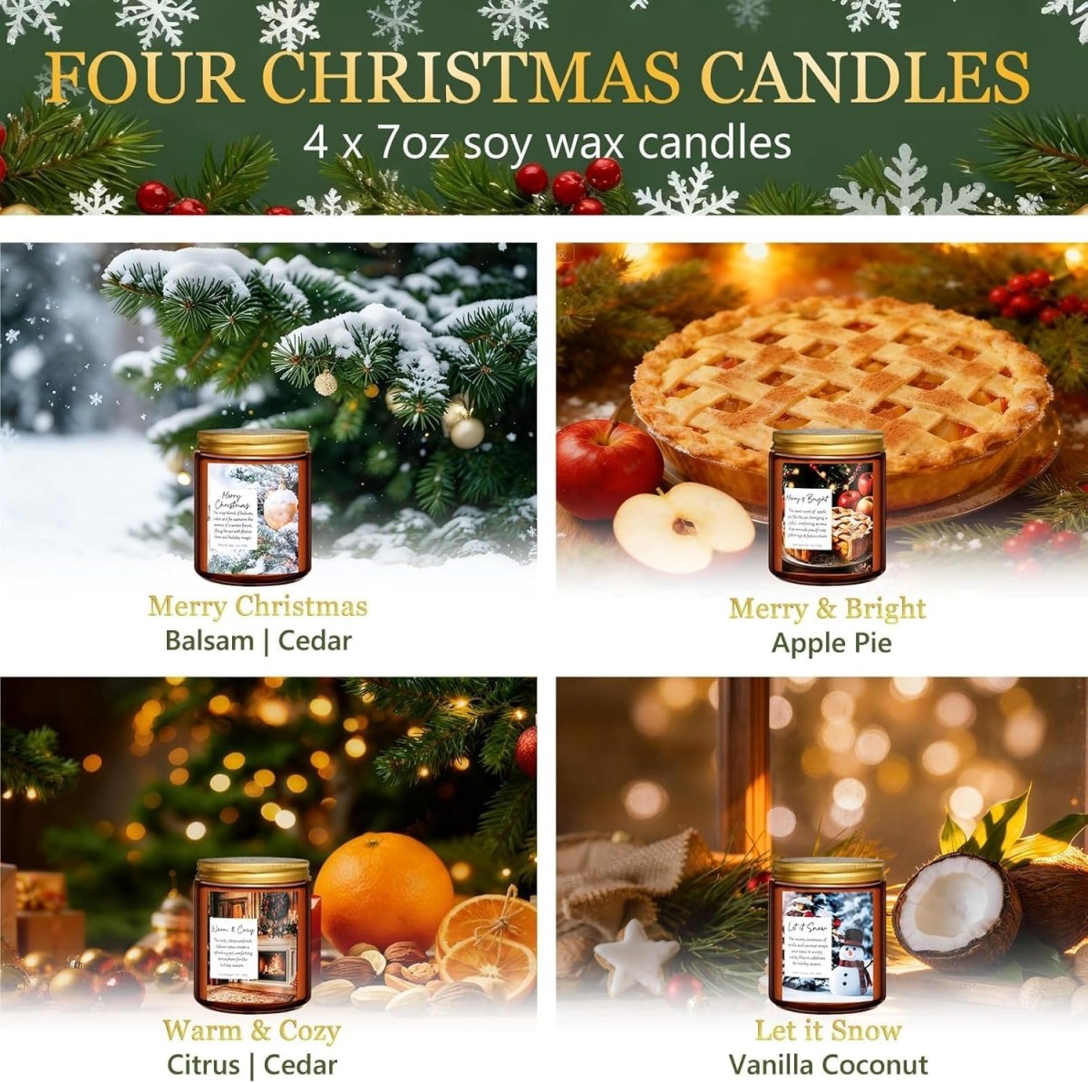 Christmas Candles Set, 4 Pack Xmas Scented Candles for Women, Winter Soy Candle for Home Scented Holiday Candle Gift Set, Christmas Gifts for Women Men Best Friends - Christmas Tree/Spice/Eve/Cookie - Homesidy.com