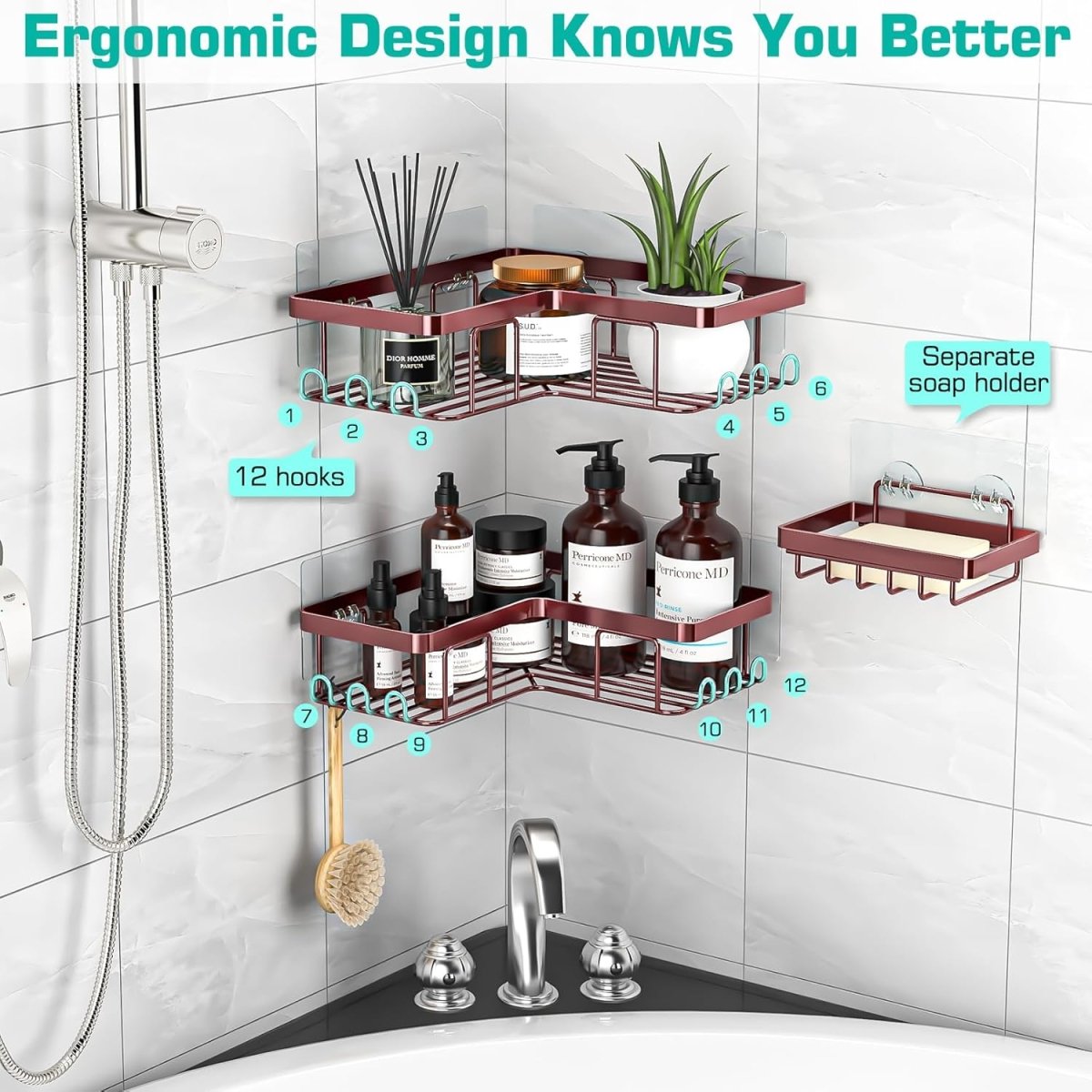 YASONIC Corner Adhesive Shower Caddy, with Soap Holder and 12 Hooks, Rustproof Stainless Steel Bathroom Organizer, No Drilling Wall Mounted Rack, Black, 3 - Pack - Homesidy.com