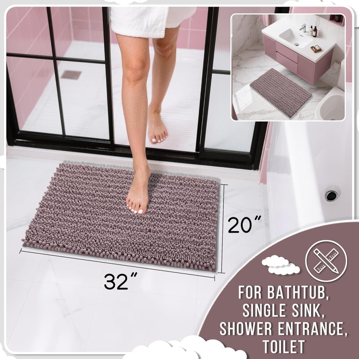 Yimobra Bathroom Rugs Non Slip Washable - Ultra Soft Absorbent Chenille Bath Mat, Quick Dry Shaggy Floor Carpet for Tub Shower, Gray Home Decor Accessories, 24x17 Inch - Homesidy.com