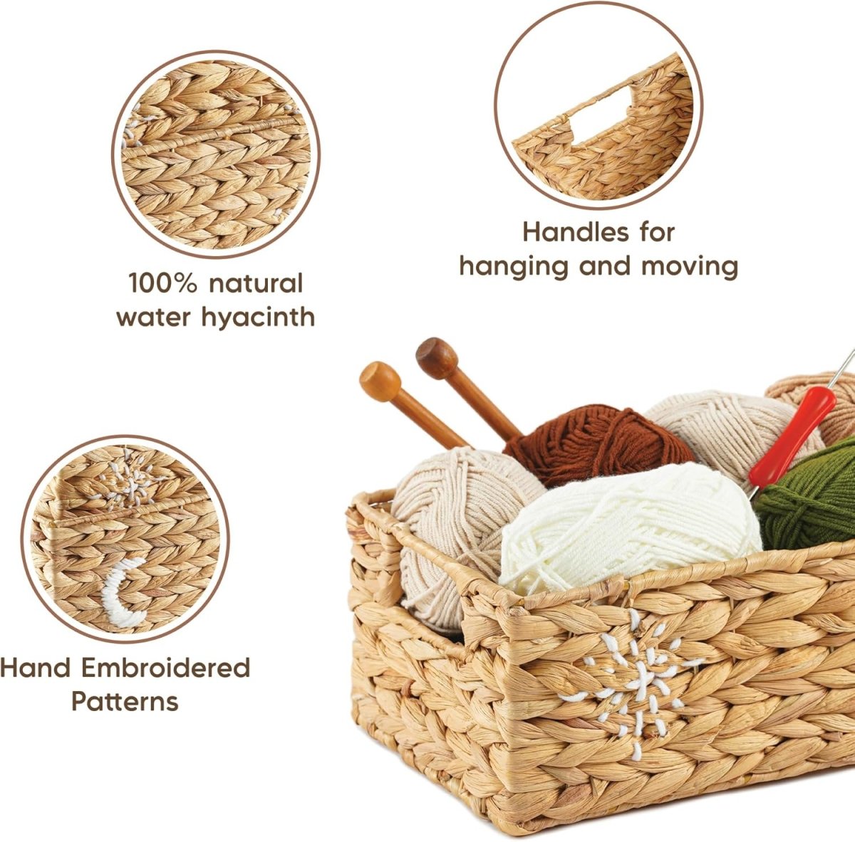 Greenatural Water Hyacinth Storage Baskets Set of 2, Handwoven Rectangular Organizer Trays with Wooden Bead Handles, Nested Wicker Bins for Shelf, Bathroom, Kitchen, Office, Natural Decor - Homesidy.com