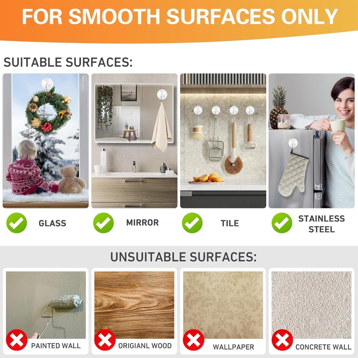 KORCCI Suction Cup Hooks 12Pack - Max Load 10LB, 1.77Inch Clear Medium Suction Cups, No Trace, Reusable &amp; Removable, Stainless Steel Hooks, for Tile, Glass, Window, Shower, Kitchen, Bathroom - Homesidy.com