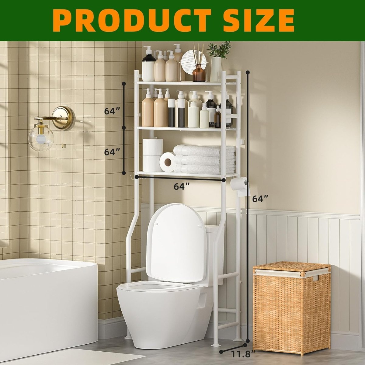 GloTika 3 - Tier Over The Toilet Storage, Space Saver Metal Bathroom Shelves, Freestanding Above Over Toilet Storage Shelf with 4 Hooks for Bathroom, Black - Homesidy.com
