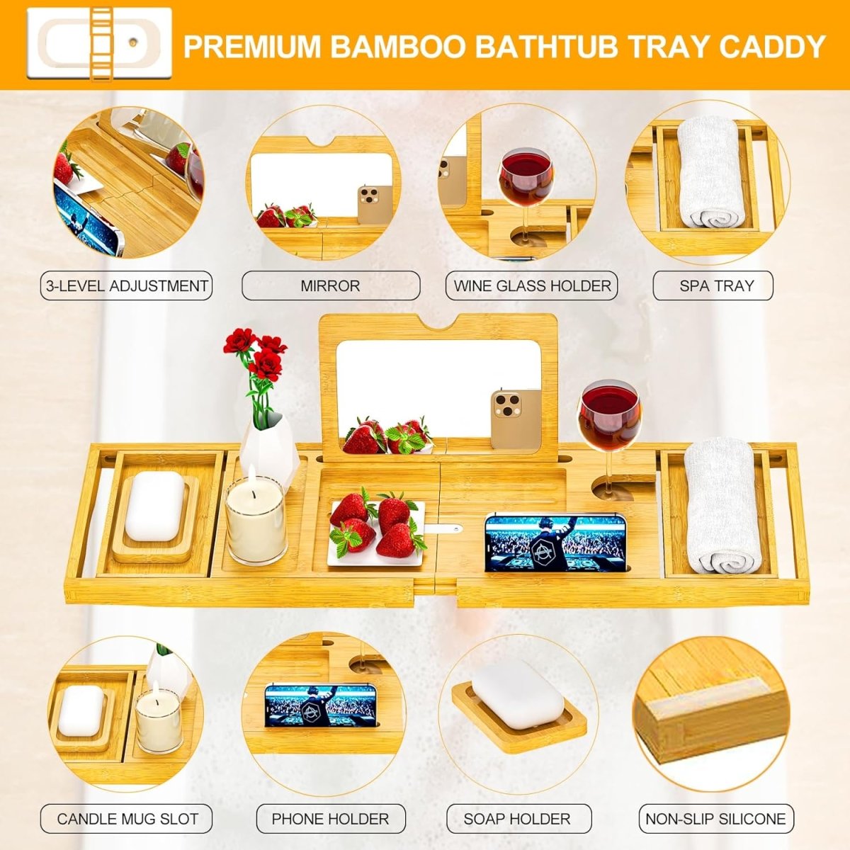 Premium Bamboo Bathtub Tray Caddy - Bath Tub Tray Table for Bathtub - Bath Caddy Tray for Bathtub, Expandable Size, Fits Most Bath Tubs - Homesidy.com
