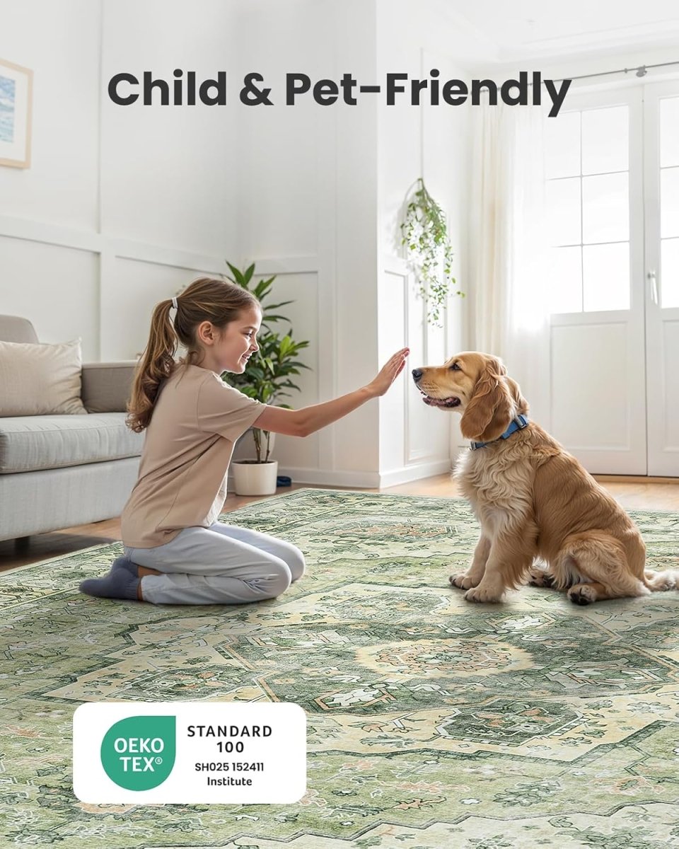 AMADA HOMEFURNISHING 8x10 Washable Area Rug, Low - Profile Large Area Rug with Non - Slip Backing &amp; Durable Edge Binding, Vintage Large Rugs for Living Room, Bedroom, Dinning Room - Homesidy.com