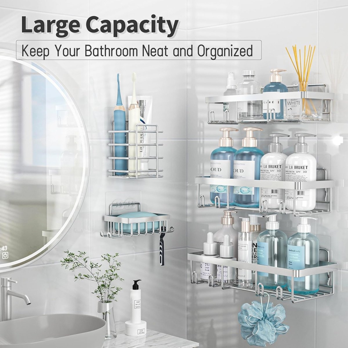 Liuoud 5 Pack Shower Caddy Organizer Rack Shelf for Inside Shower, Adhesive Bathroom Wall Storage Basket Rustproof Stainless Steel Shampoo Holder, Girly Bathroom Accessory Decor Set, Pink - Homesidy.com