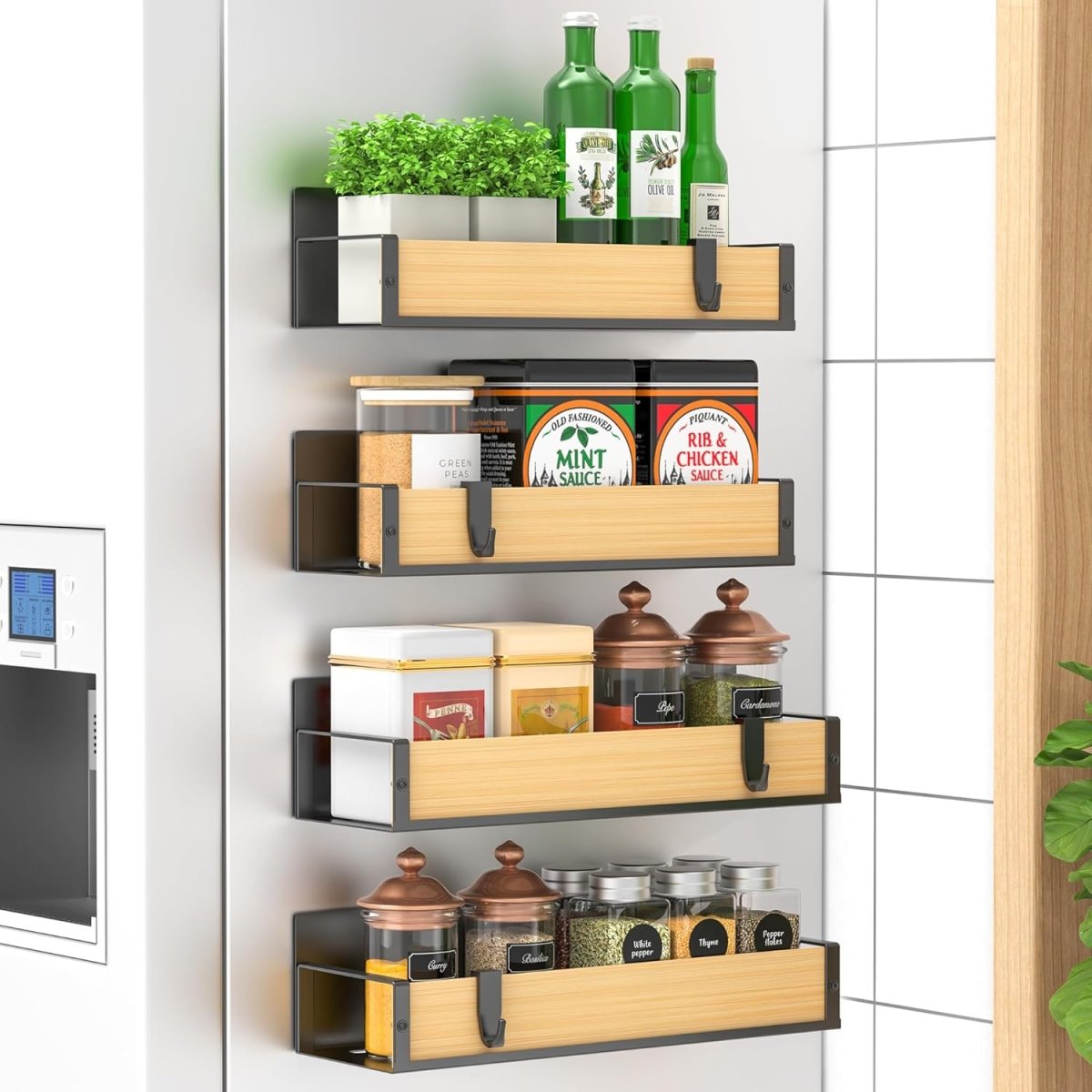 HuggieGems Metal 4 Pack Magnetic Spice Storage Rack Organizer for Refrigerator and Oven, Black Fridge Organizers and Storage - Homesidy.com
