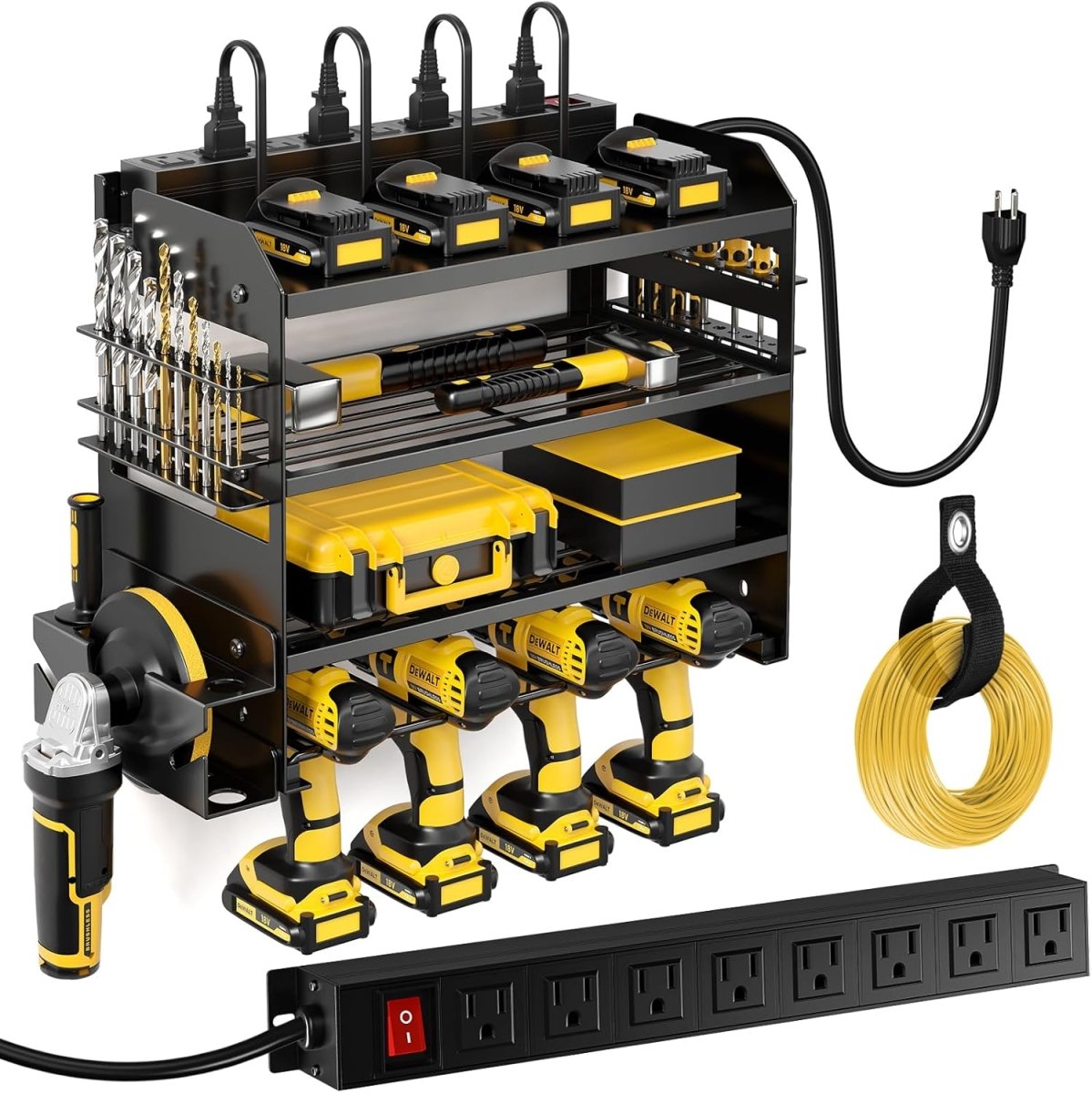 POKIPO Large Power Tool Organizer Wall Mount with Charging Station,4 Layer Heavy Duty Metal Tool Storage Rack Loads 600lbs with 8 Cordless Drill Holder,Battery Utility Rack Loads with 4 Power Strip - Homesidy.com