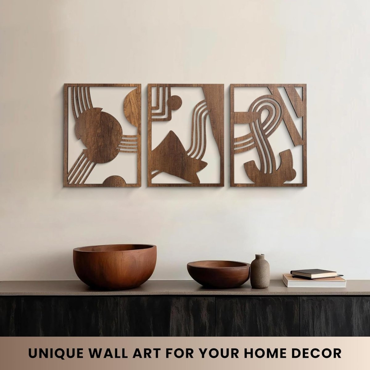 qmmp Modern Wooden Wall Sculptures - Set of 3 - MDF - Oak - Home Decor Accent - Large Wall Art for Living Room, Bedroom, Office - Easy Installation (Oak, Medium - Mountain and Sun, Unframed) - Homesidy.com