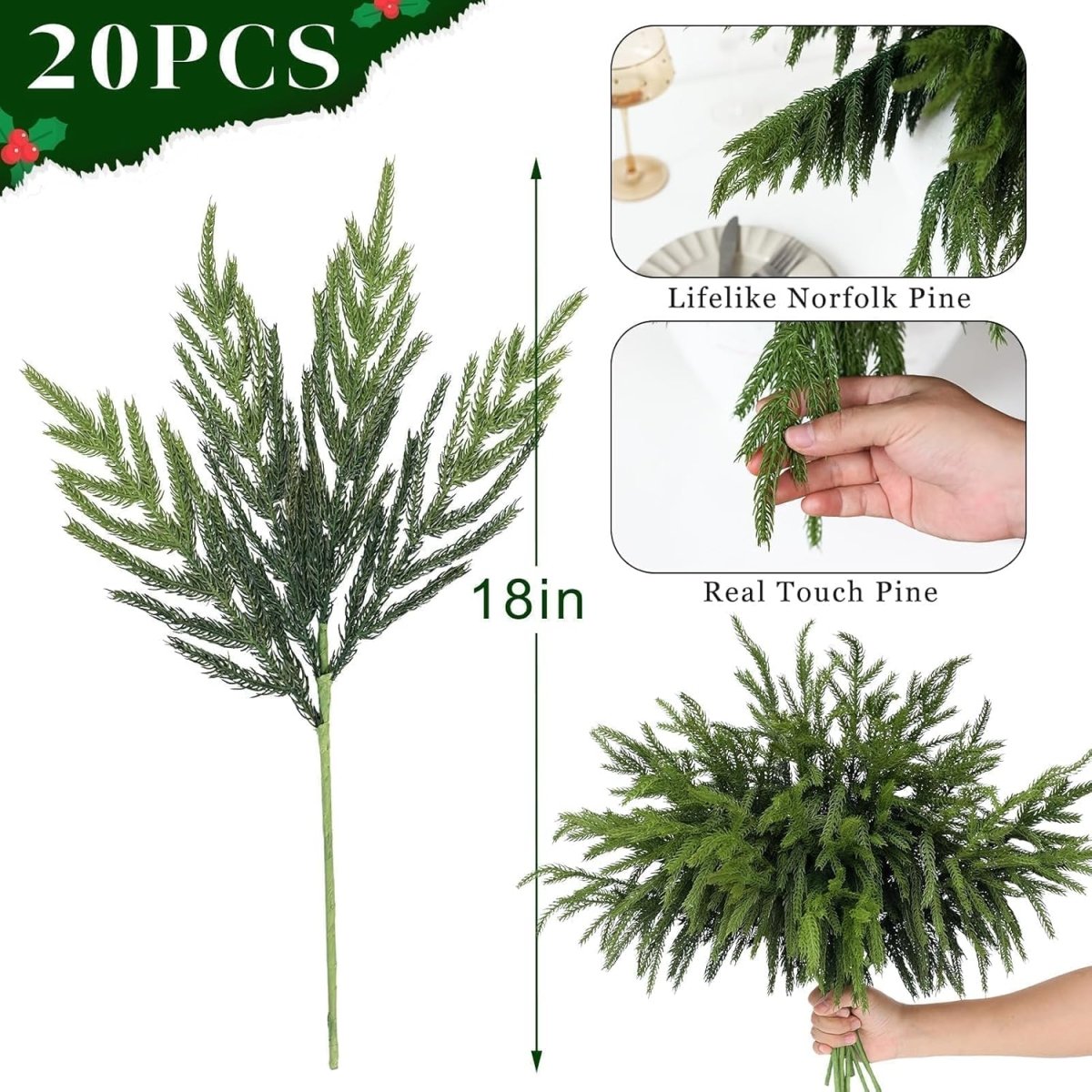 20 Pcs Christmas Norfolk Pine Branches - 18&34; Real Touch Artificial Norfolk Pine Branch Faux Plants Stem Fake Greenery Pine Picks for Vase DIY Crafts Garland Wreath Home Indoor Outdoor Decoration - Homesidy.com