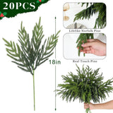 20 Pcs Christmas Norfolk Pine Branches - 18&34; Real Touch Artificial Norfolk Pine Branch Faux Plants Stem Fake Greenery Pine Picks for Vase DIY Crafts Garland Wreath Home Indoor Outdoor Decoration - Homesidy.com